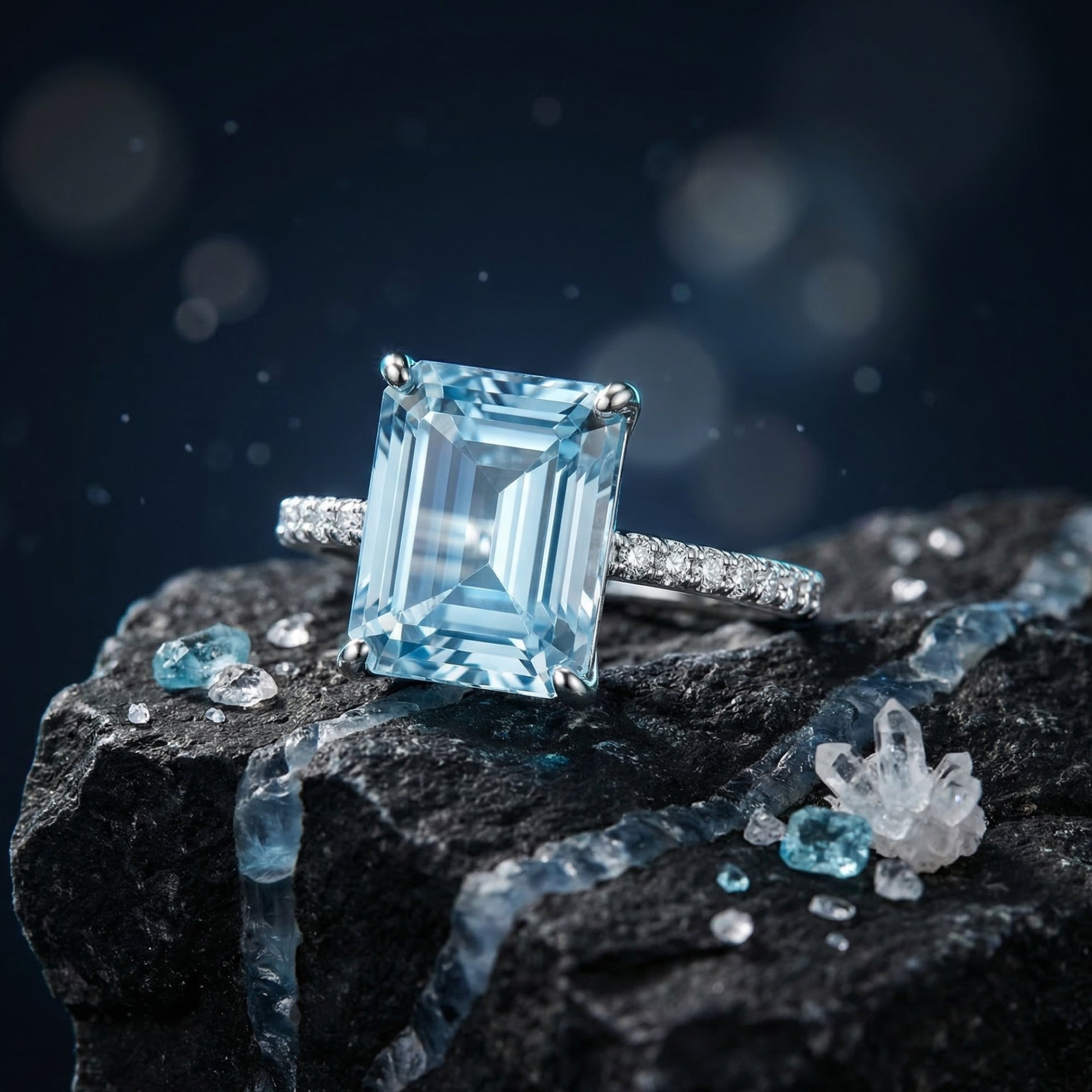 Emerald cut Swiss Blue topaz ring in sterling silver displayed on a dark rocky surface with crystals.