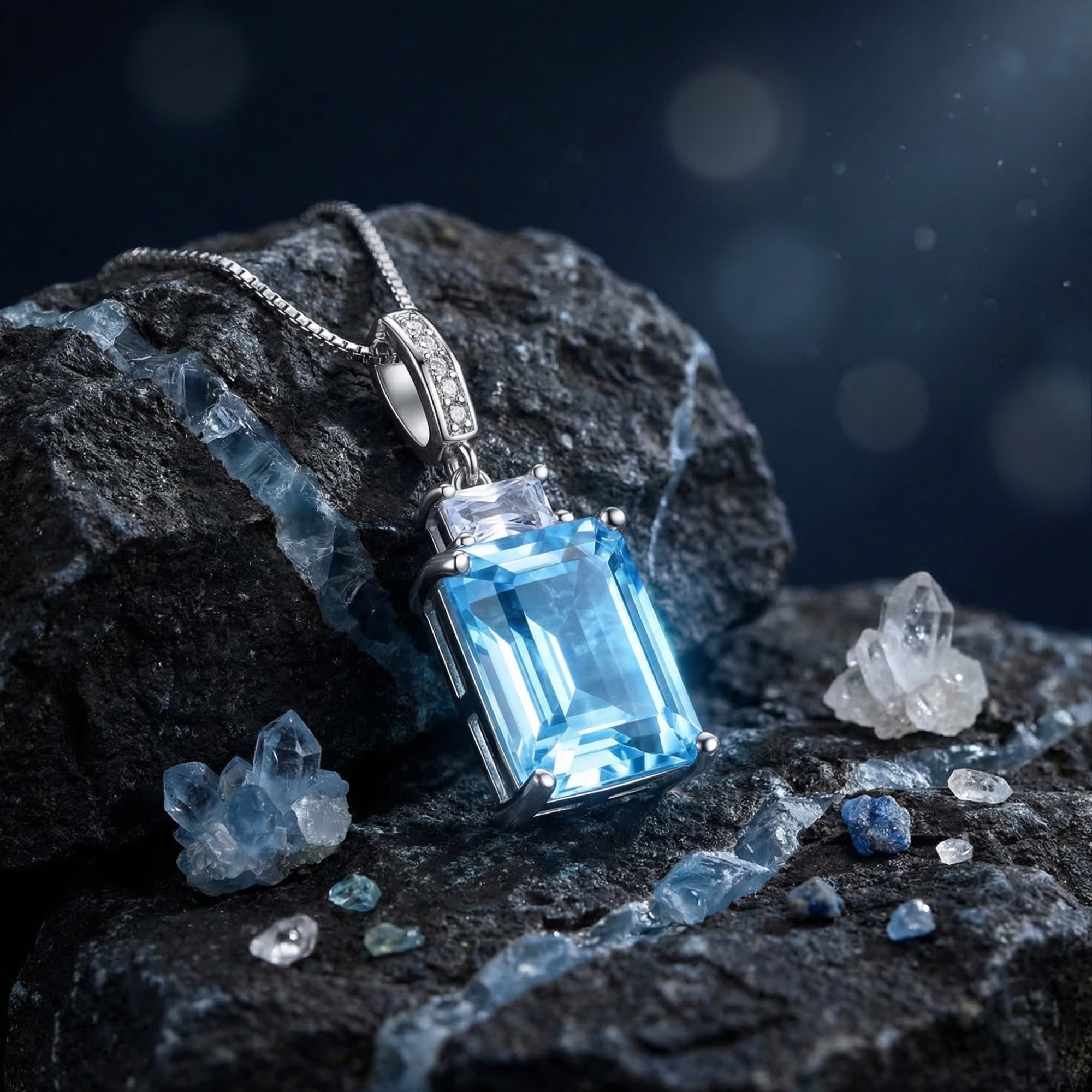 Emerald cut natural blue topaz pendant on a silver box chain, styled on dark volcanic rocks with crystals.