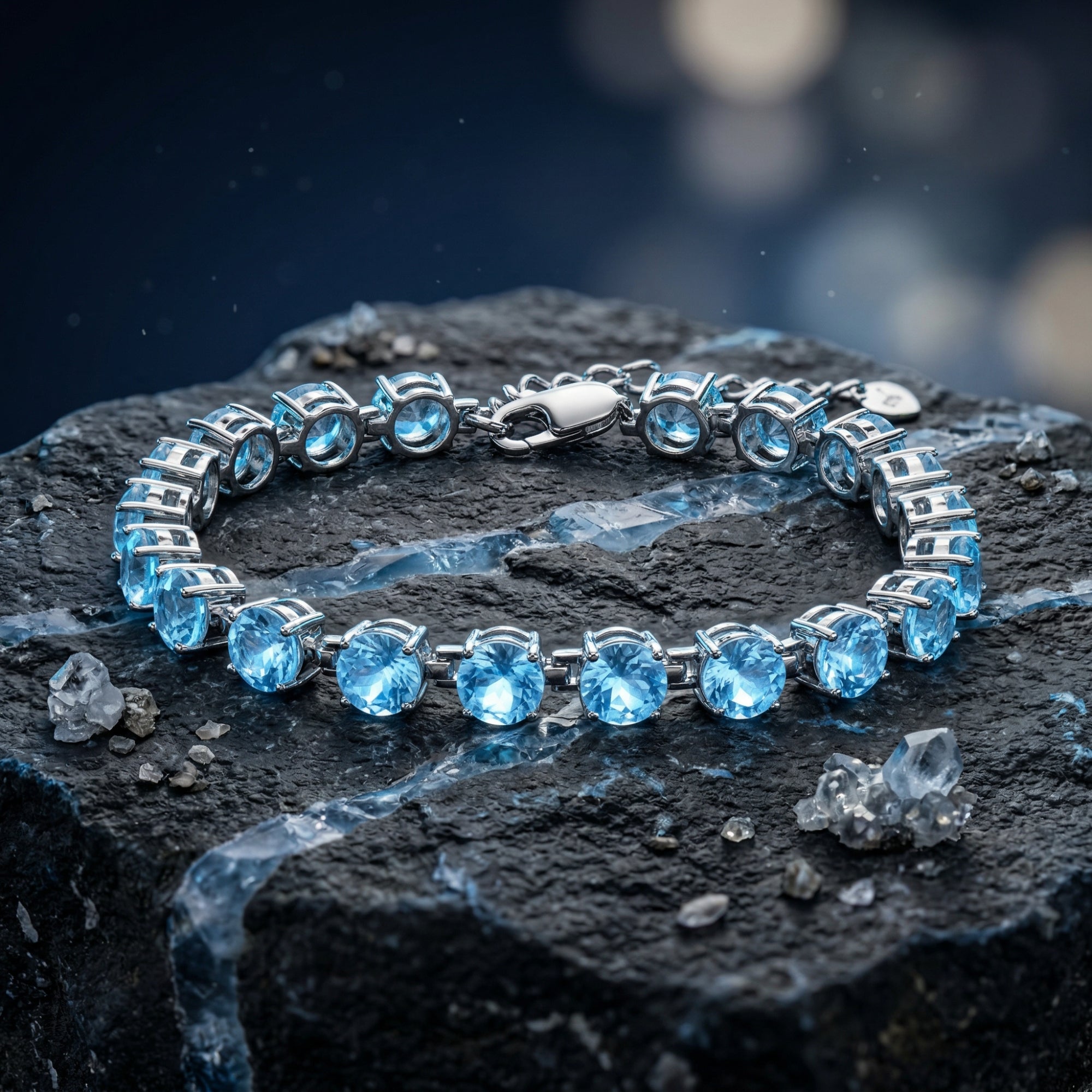 Natural Swiss blue topaz tennis bracelet in white gold displayed on a dark, textured rock.