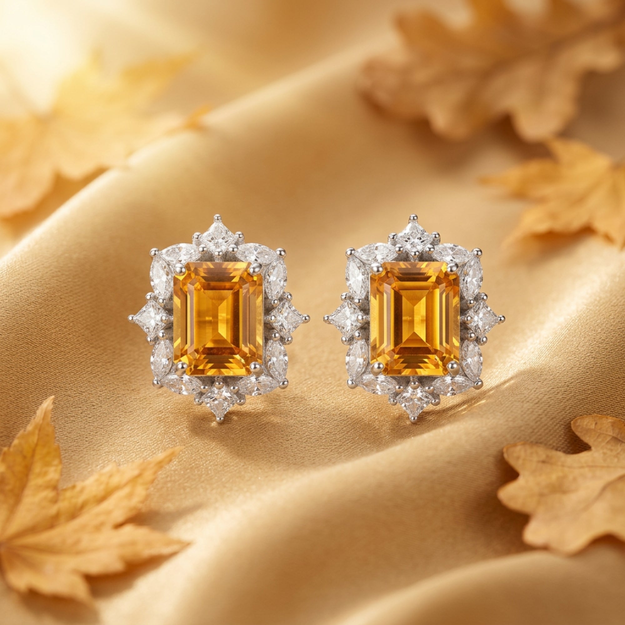 Emerald cut natural citrine earrings in silver with diamond halos on gold fabric with autumn leaves.