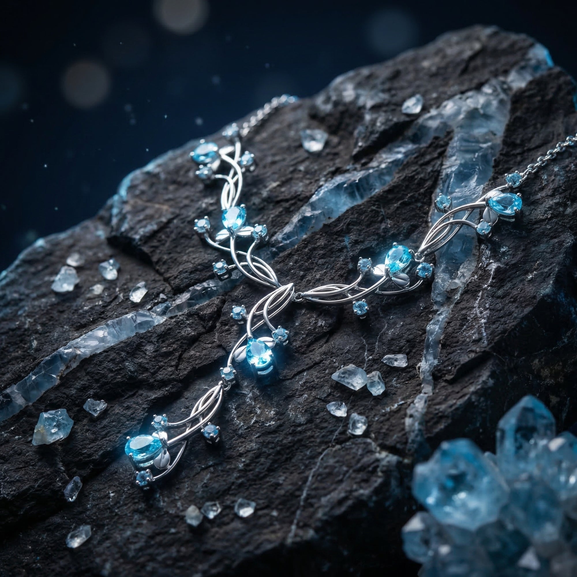 Loredana natural blue topaz necklace in silver with pear-cut stones, styled on a dark mineral rock.