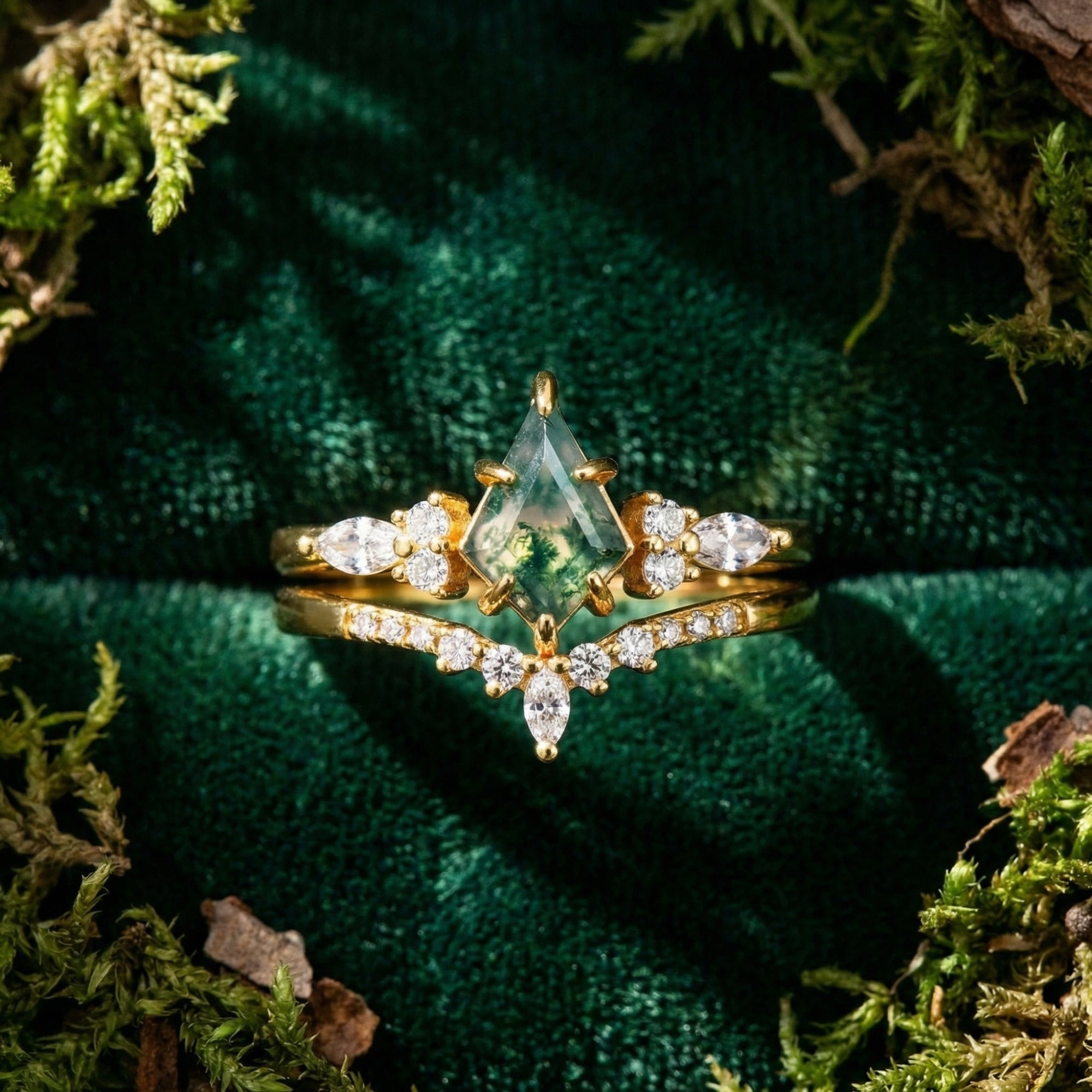 Natürliches Moosachat-Duo-Band-Ring-Set - S925 Sterling Silber