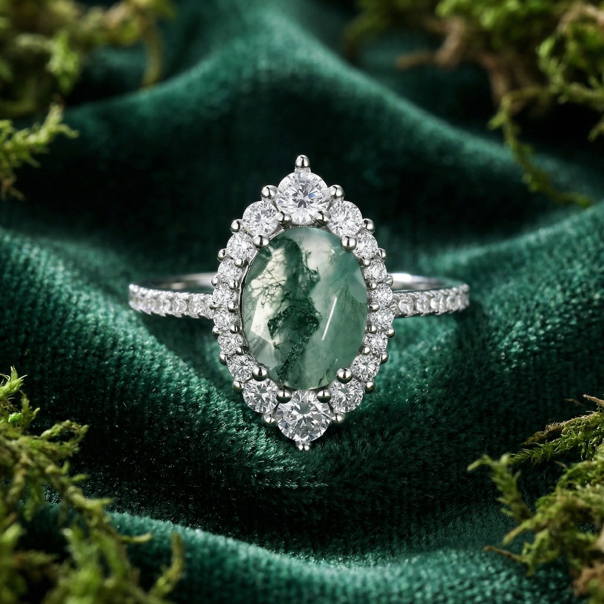 Ovaler Halo-Ring aus natürlichem Moosachat – S925 Sterling Silber