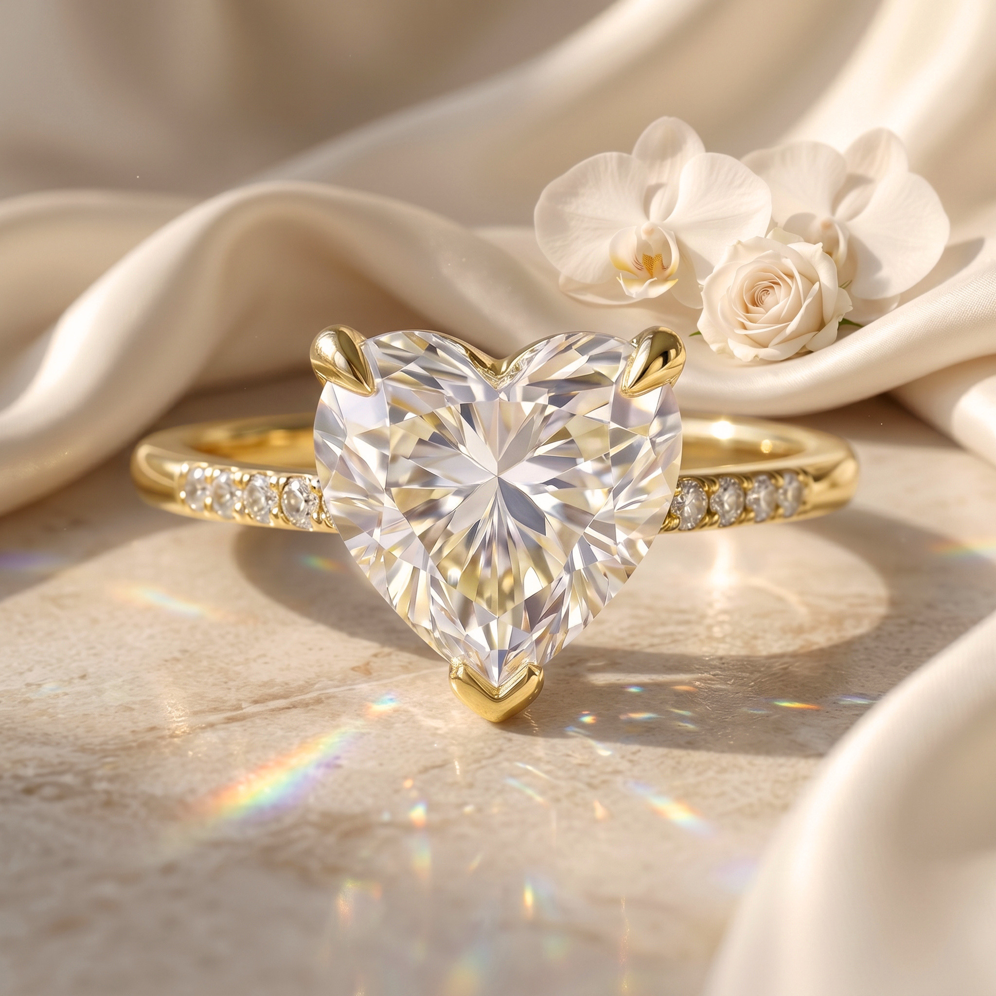 A yellow gold heart-shaped moissanite engagement ring with a pavé band, displayed on a luxurious silk background with flowers.