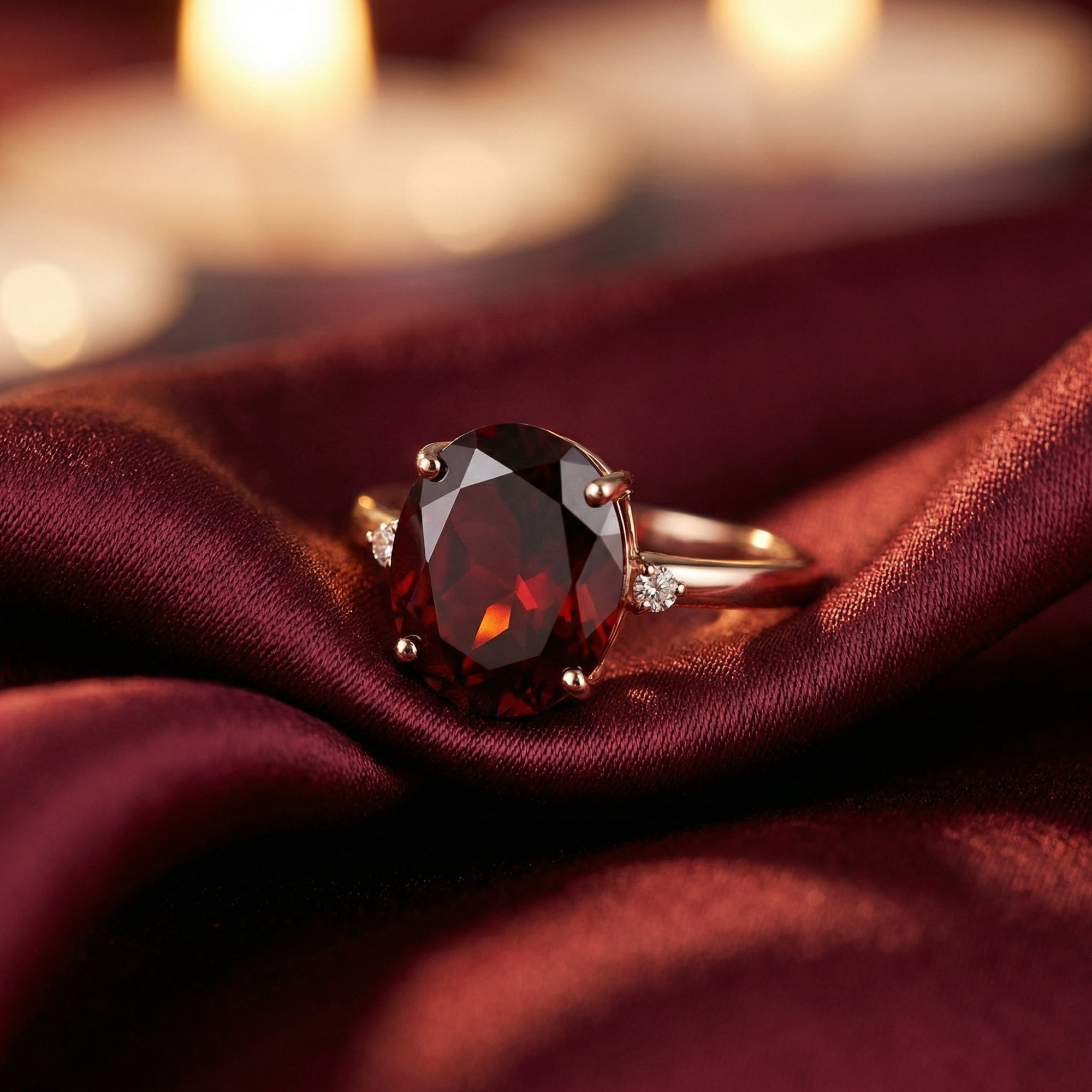 Oval cut 6ct natural garnet ring in 18K rose gold resting on elegant burgundy silk fabric.