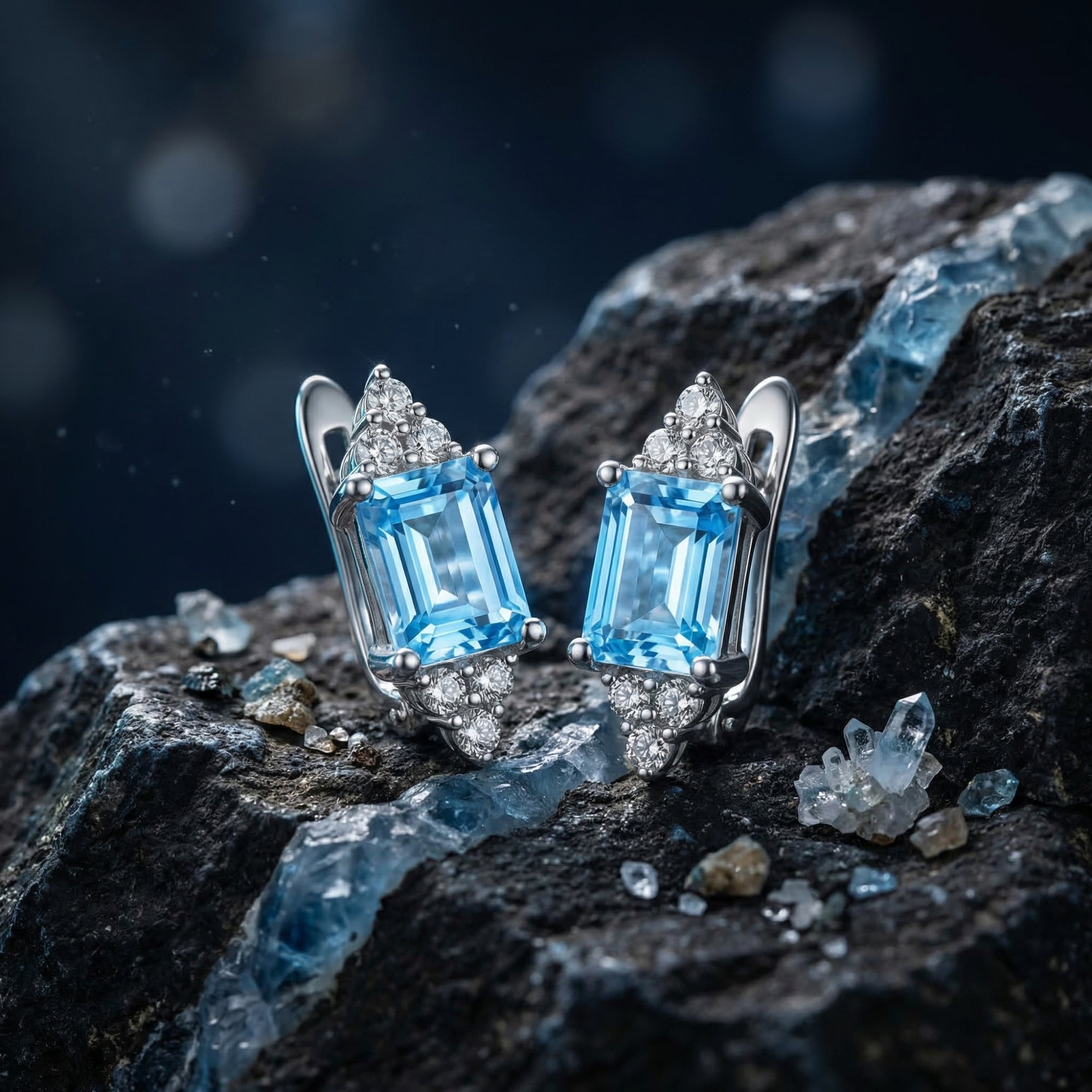 Sterling silver drop earrings with emerald cut natural topaz stones displayed on a dark rock.