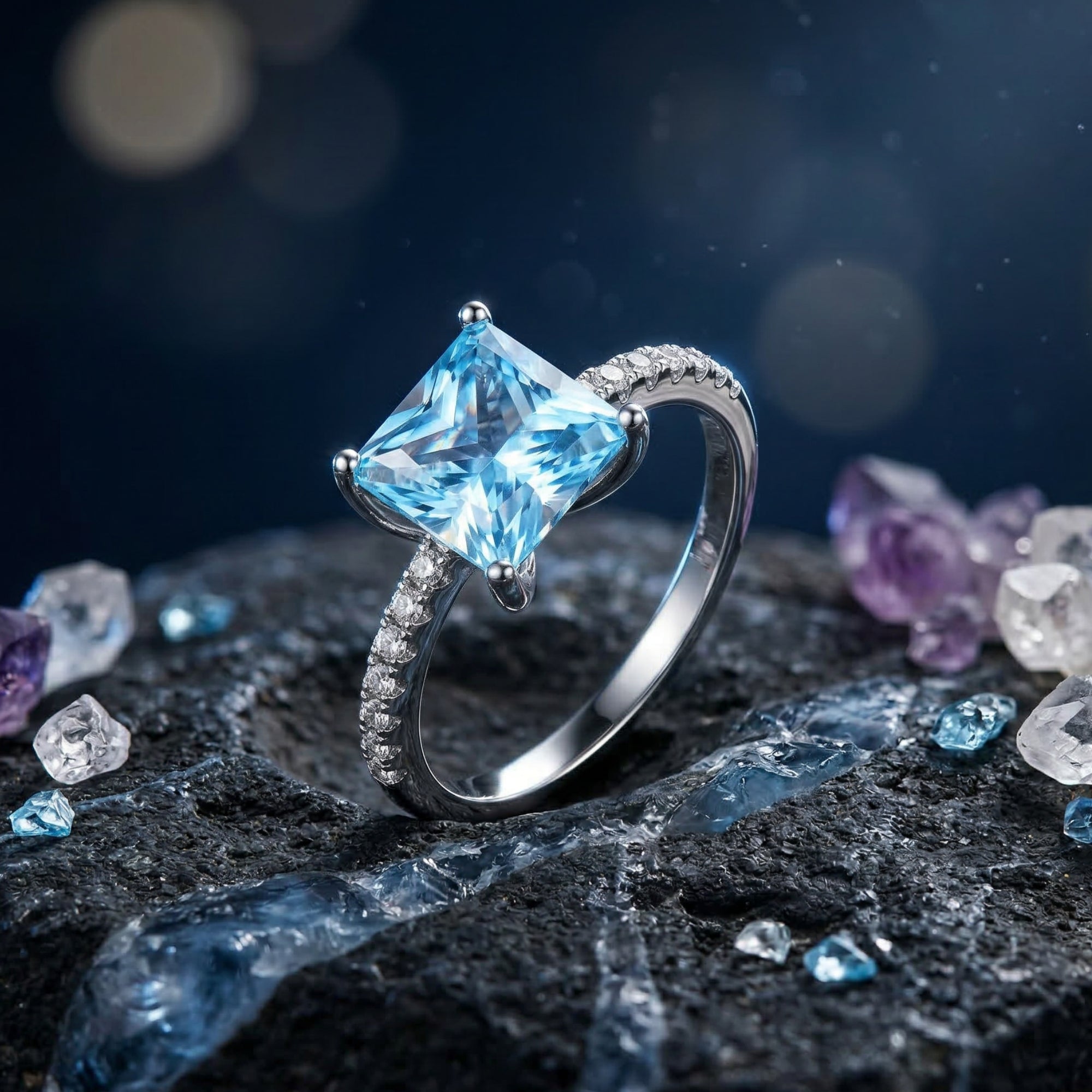 Princess cut natural blue topaz ring in S925 sterling silver, displayed on a dark rocky surface with crystals.
