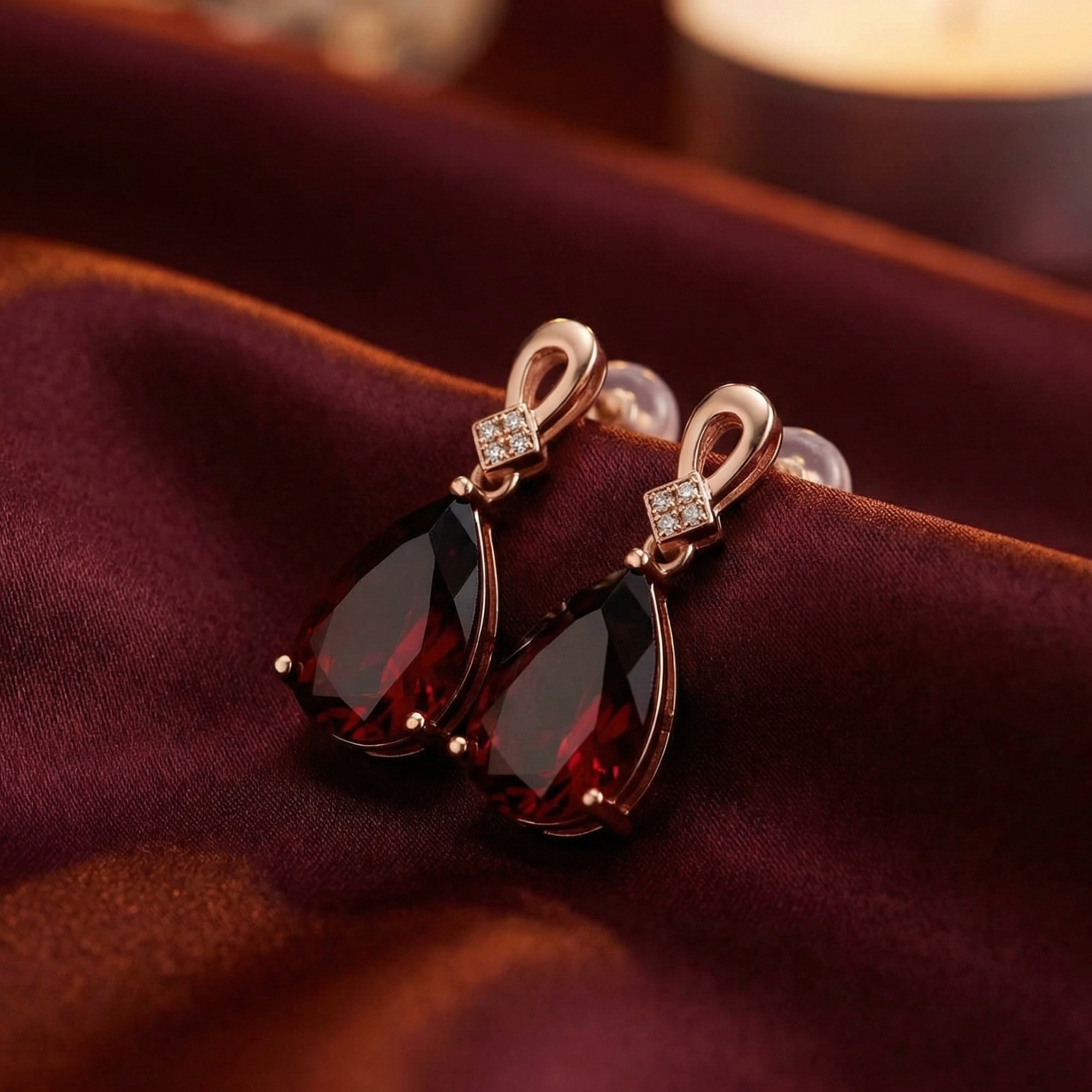 18K rose gold drop earrings with pear-cut garnets resting on elegant burgundy fabric in a lifestyle setting.