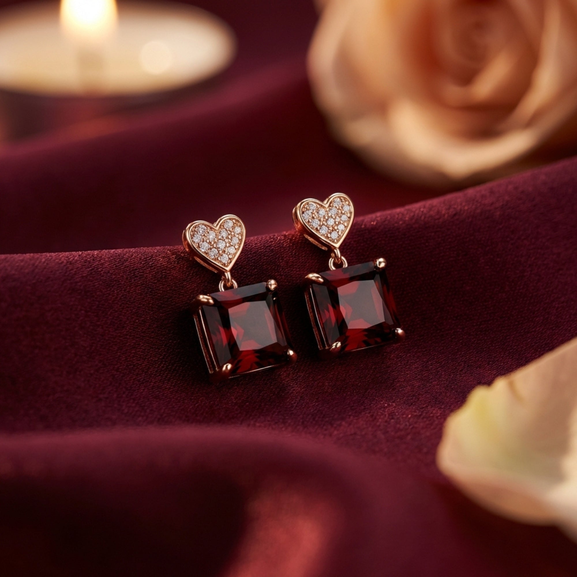 Serafina 18K rose gold drop earrings with square red garnets on burgundy fabric with a candle and rose.