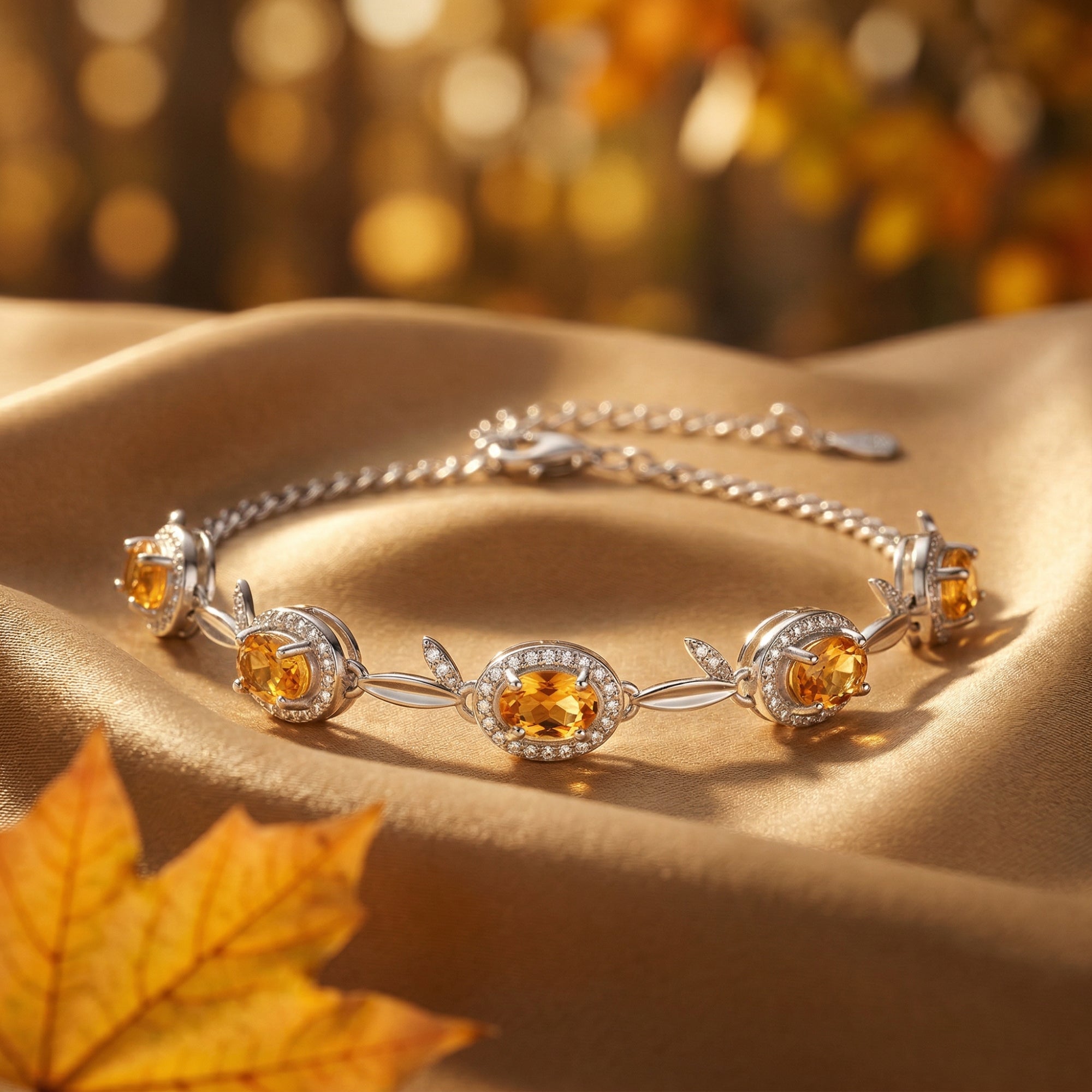 Silver Sunniva bracelet with oval-cut natural citrine and zircon accents on golden fabric with an autumn leaf.