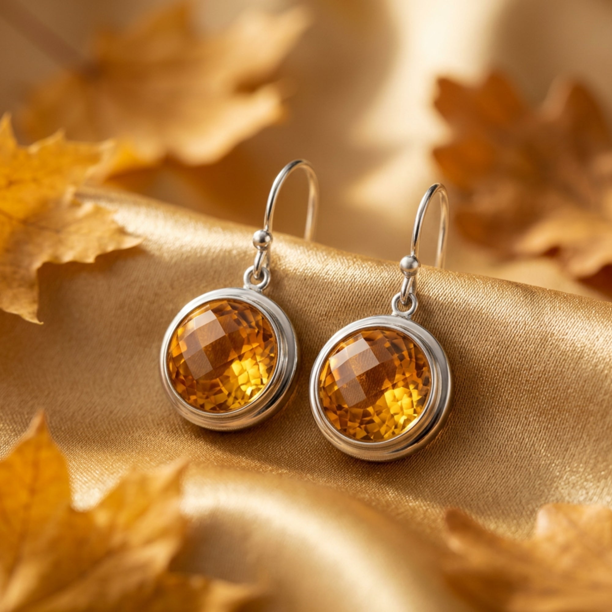 Round-cut natural citrine drop earrings in sterling silver styled with autumn leaves on gold fabric.