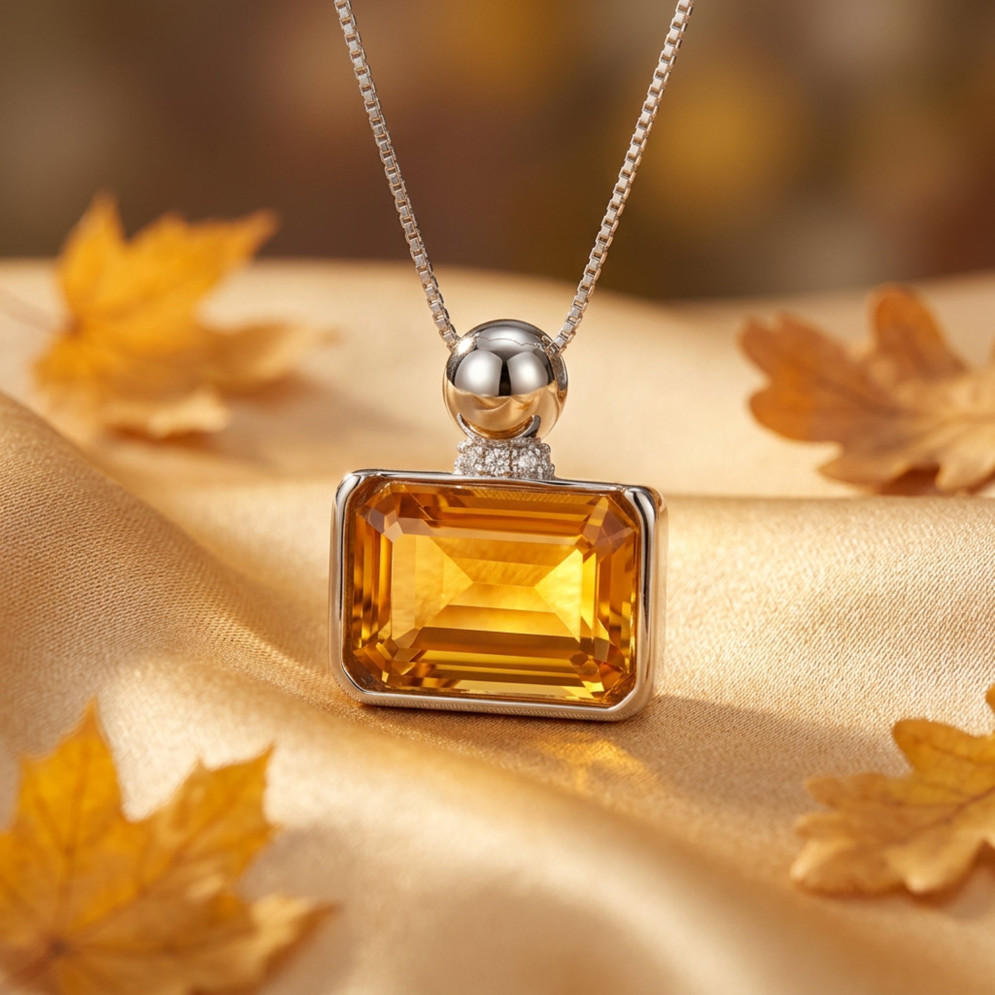 Emerald cut citrine pendant on a silver box chain, styled on golden fabric with autumn leaves.