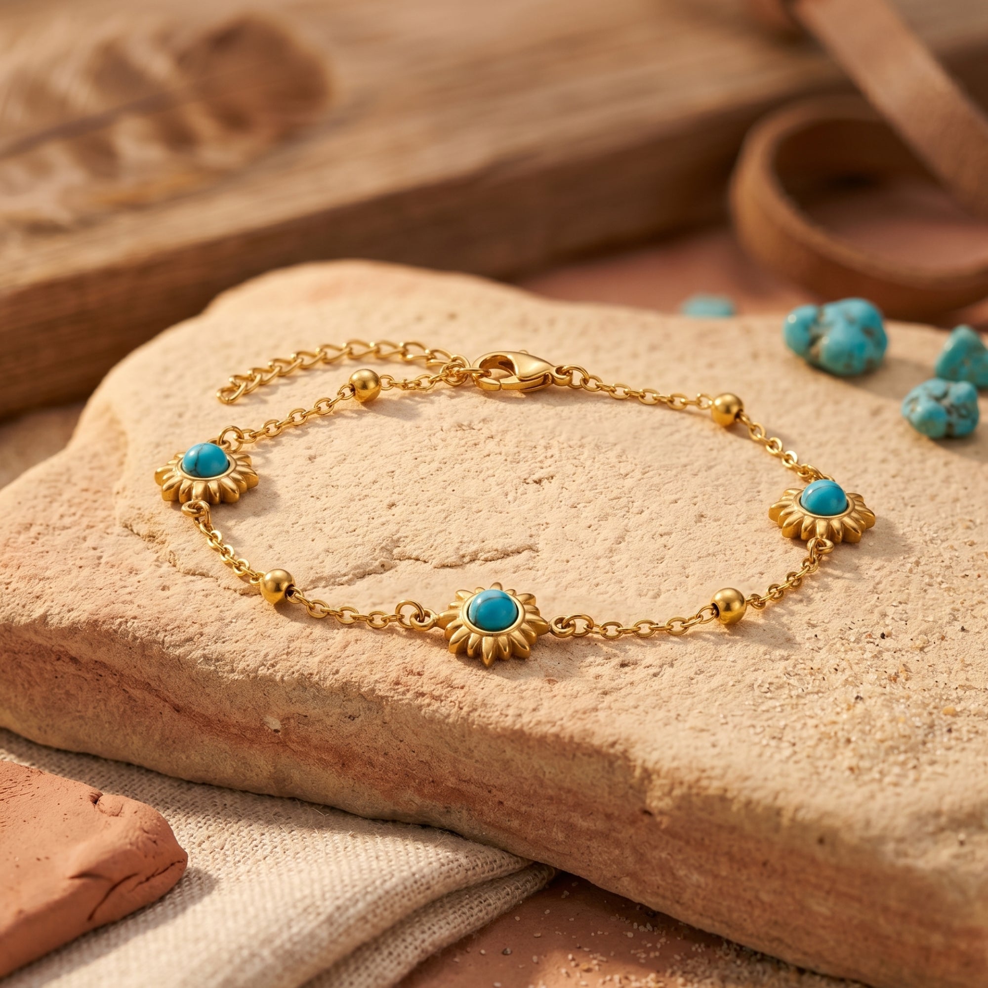 Gold-finished Palo Verde turquoise sunburst station bracelet on a desert-themed stone background.