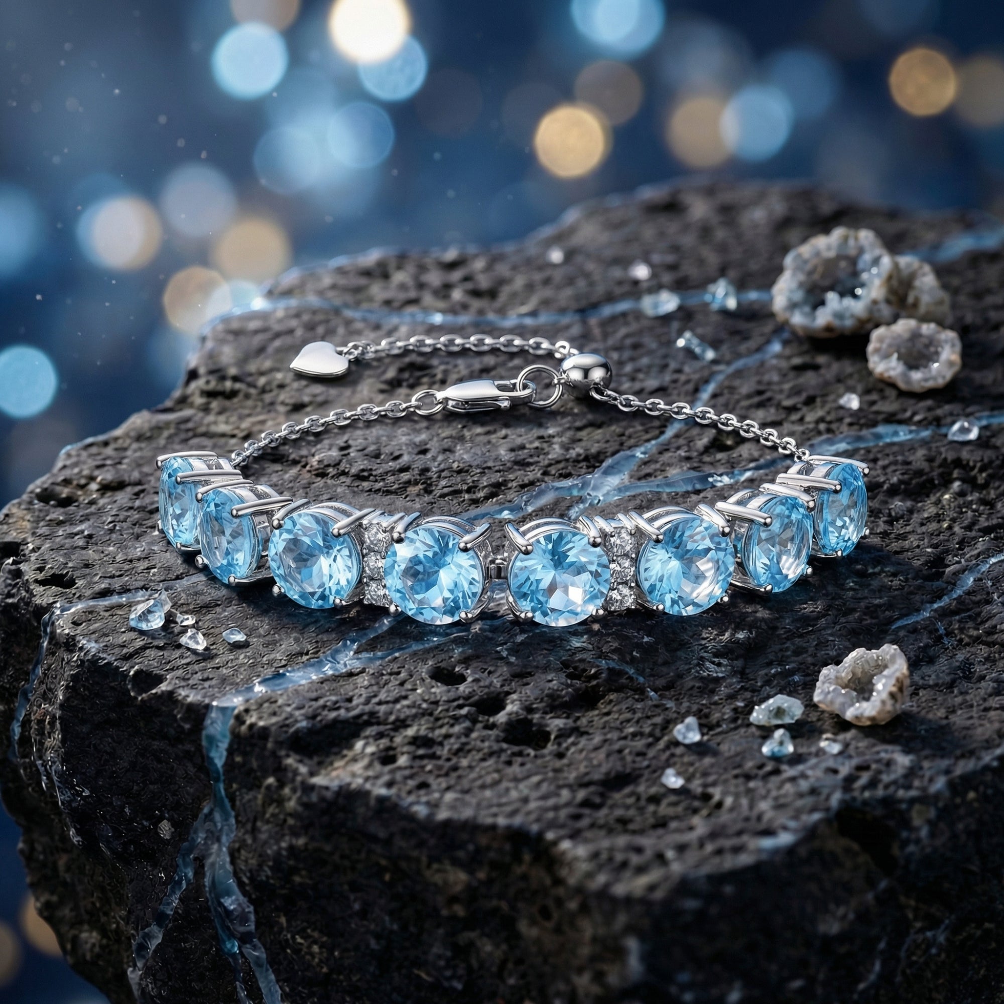 Round cut natural topaz bracelet in silver on a dark rock with a blue bokeh background.
