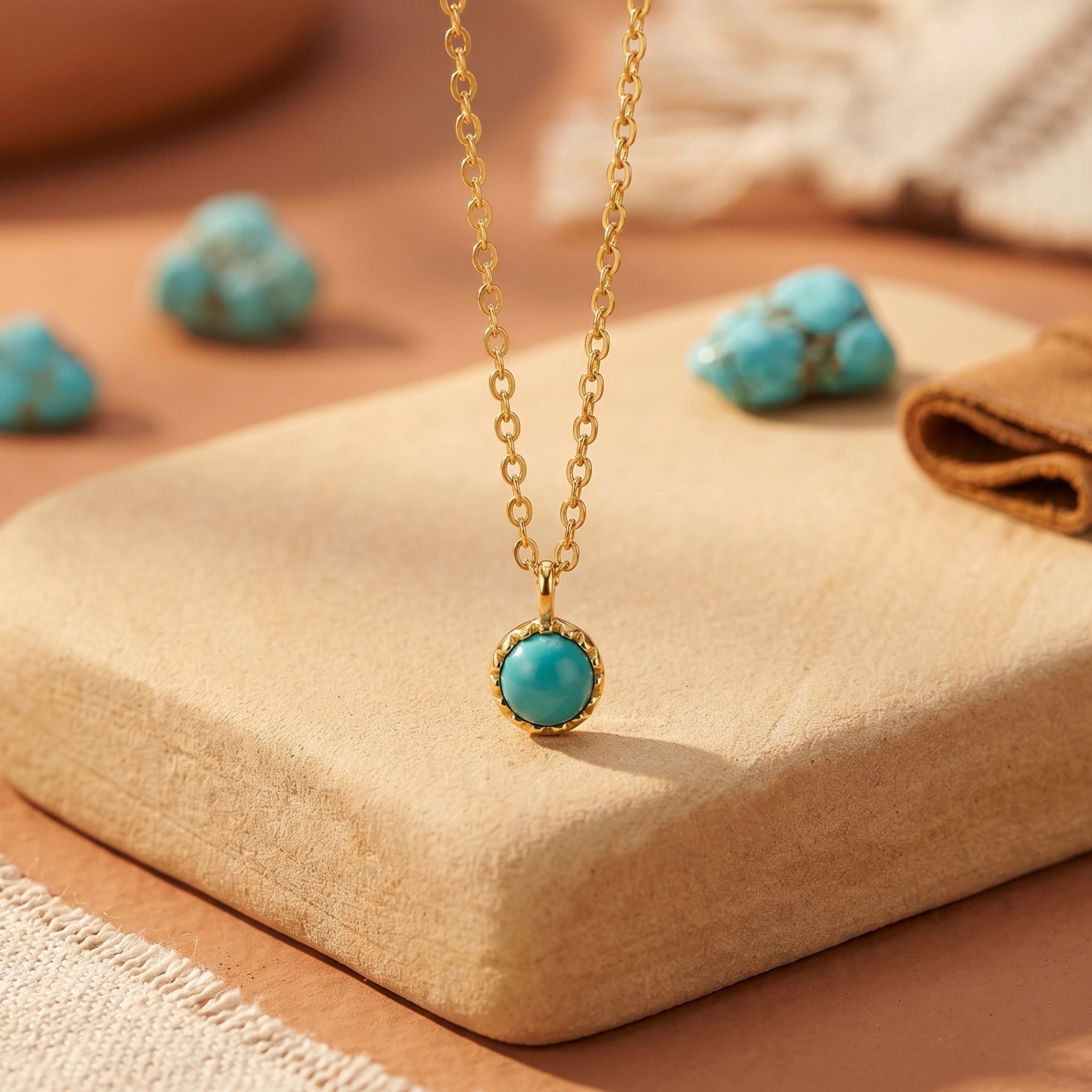 Gold vermeil turquoise necklace on a stone block, surrounded by raw turquoise stones in a Southwestern lifestyle scene.