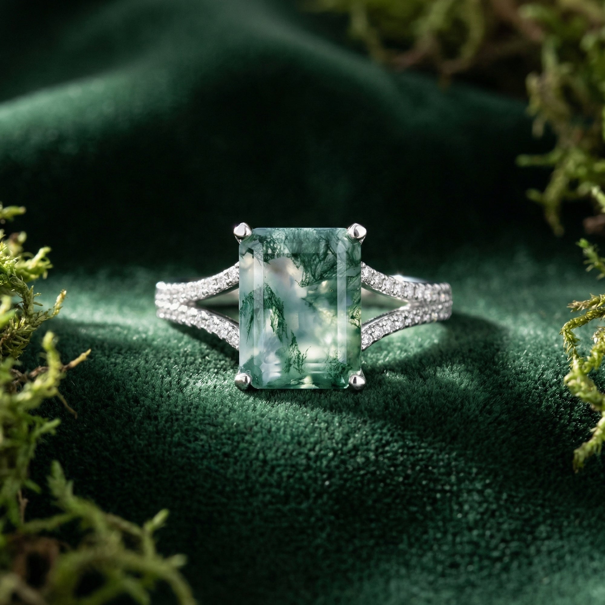 Cushion cut moss agate ring in S925 sterling silver with a diamond split shank on a green mossy background.