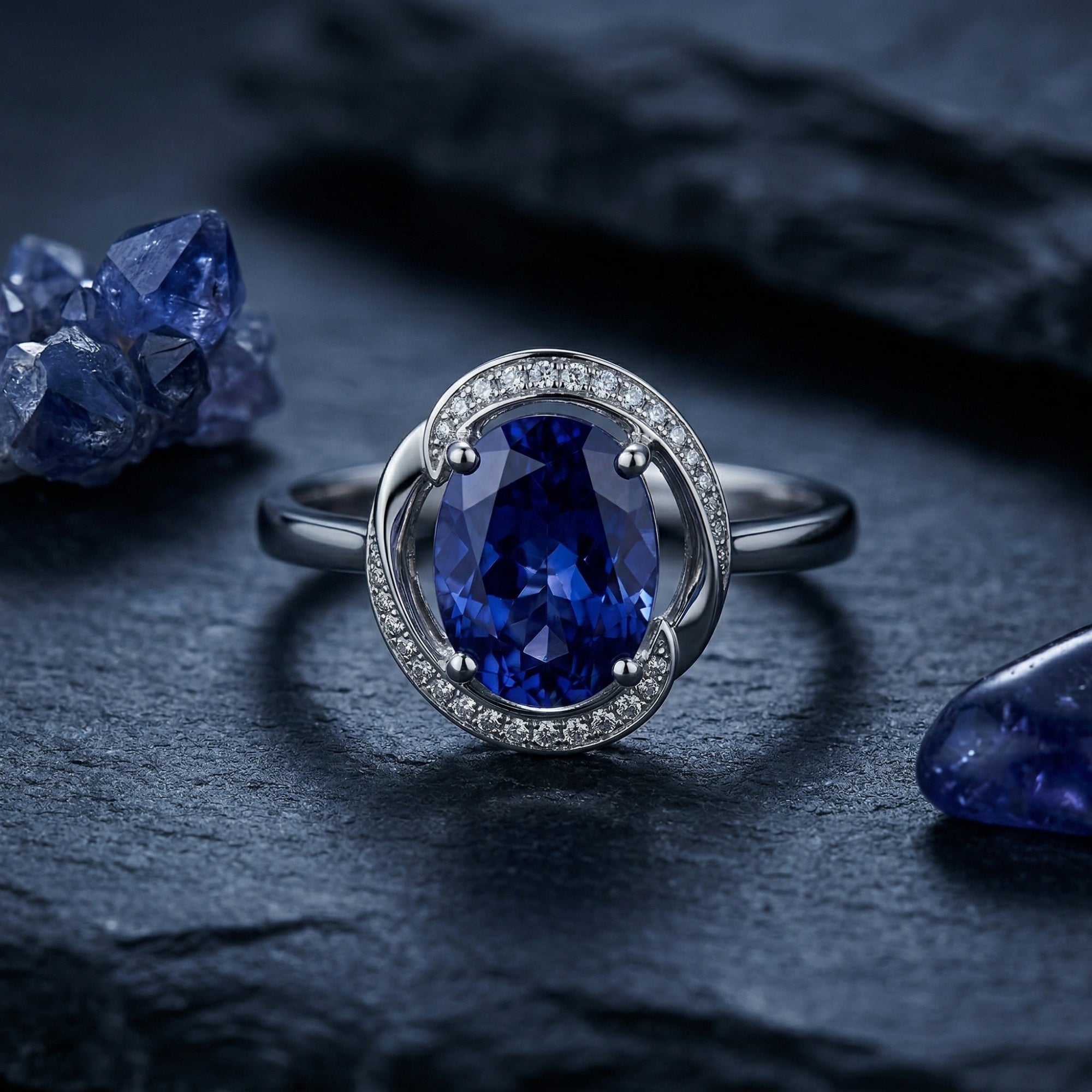 Oval tanzanite and diamond halo ring in 18K white gold on a dark slate background with raw gemstones.