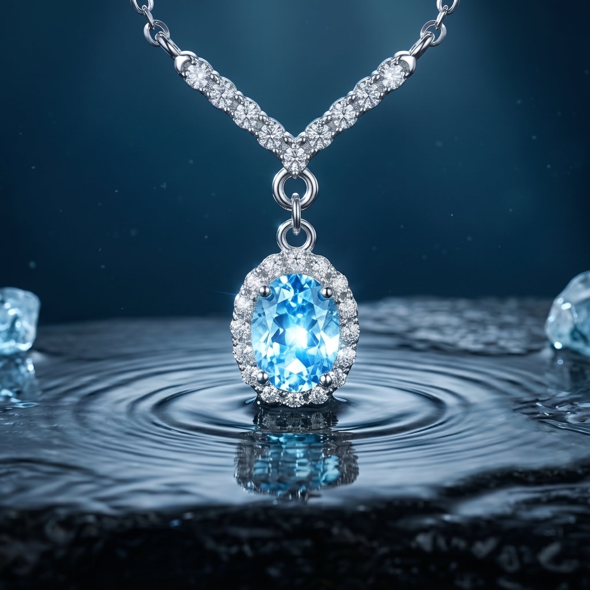 Oval halo aquamarine necklace in sterling silver shown touching rippling water on a dark blue background.