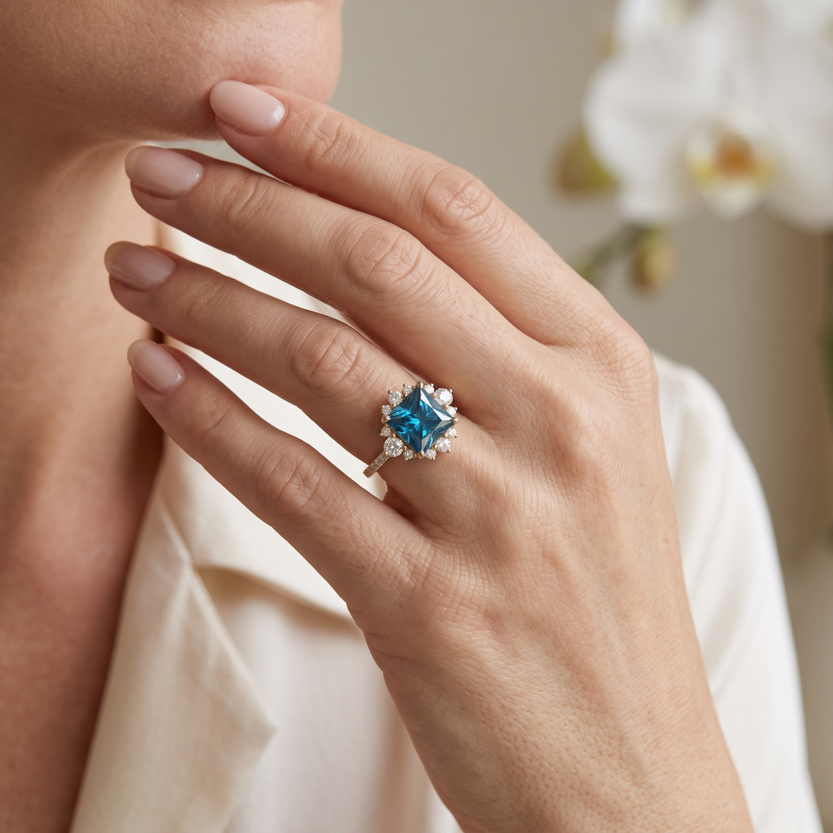 Princess cut blue moissanite halo ring in rose gold worn on model's hand