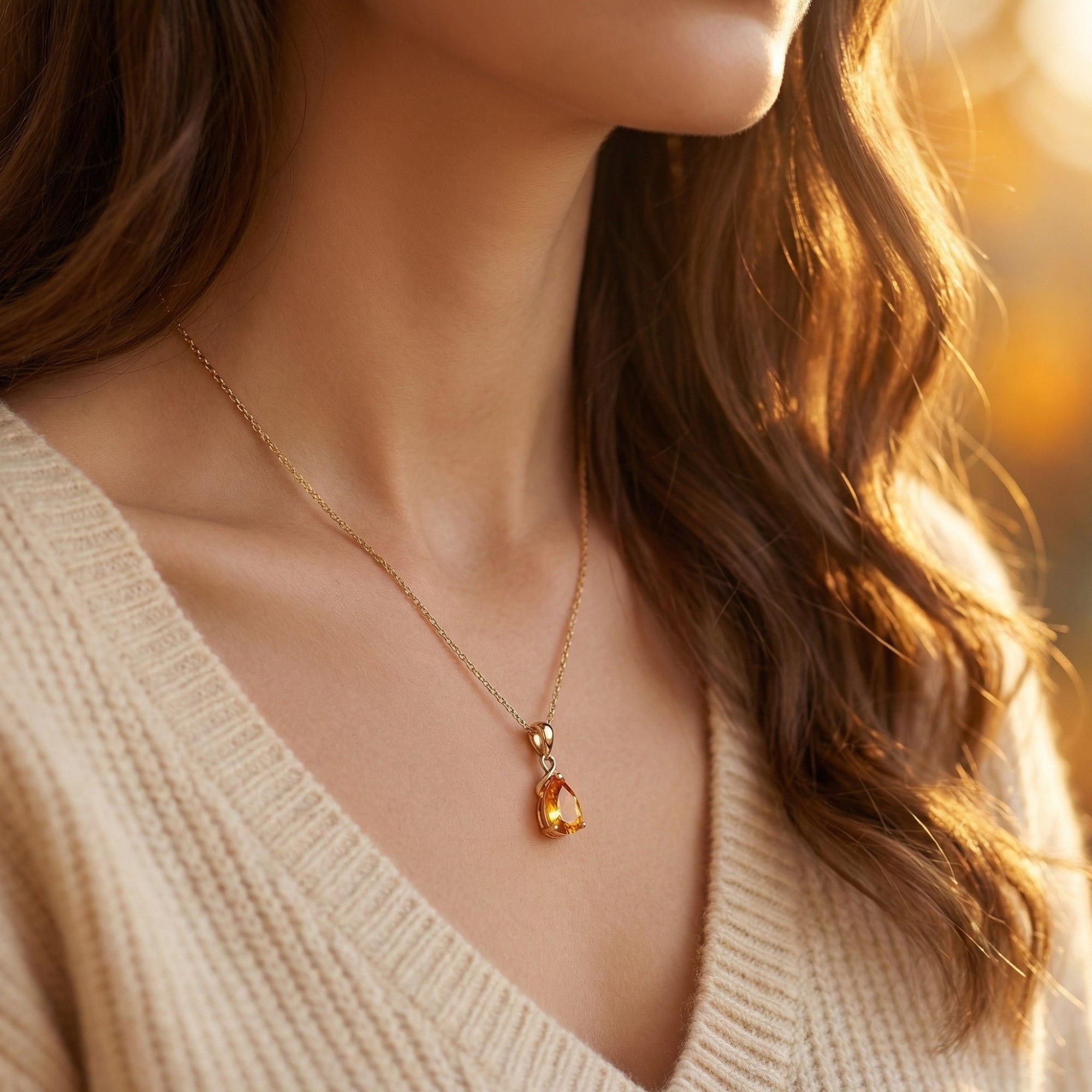 Woman wearing the 18K yellow gold pear cut citrine necklace over a cream knit sweater.