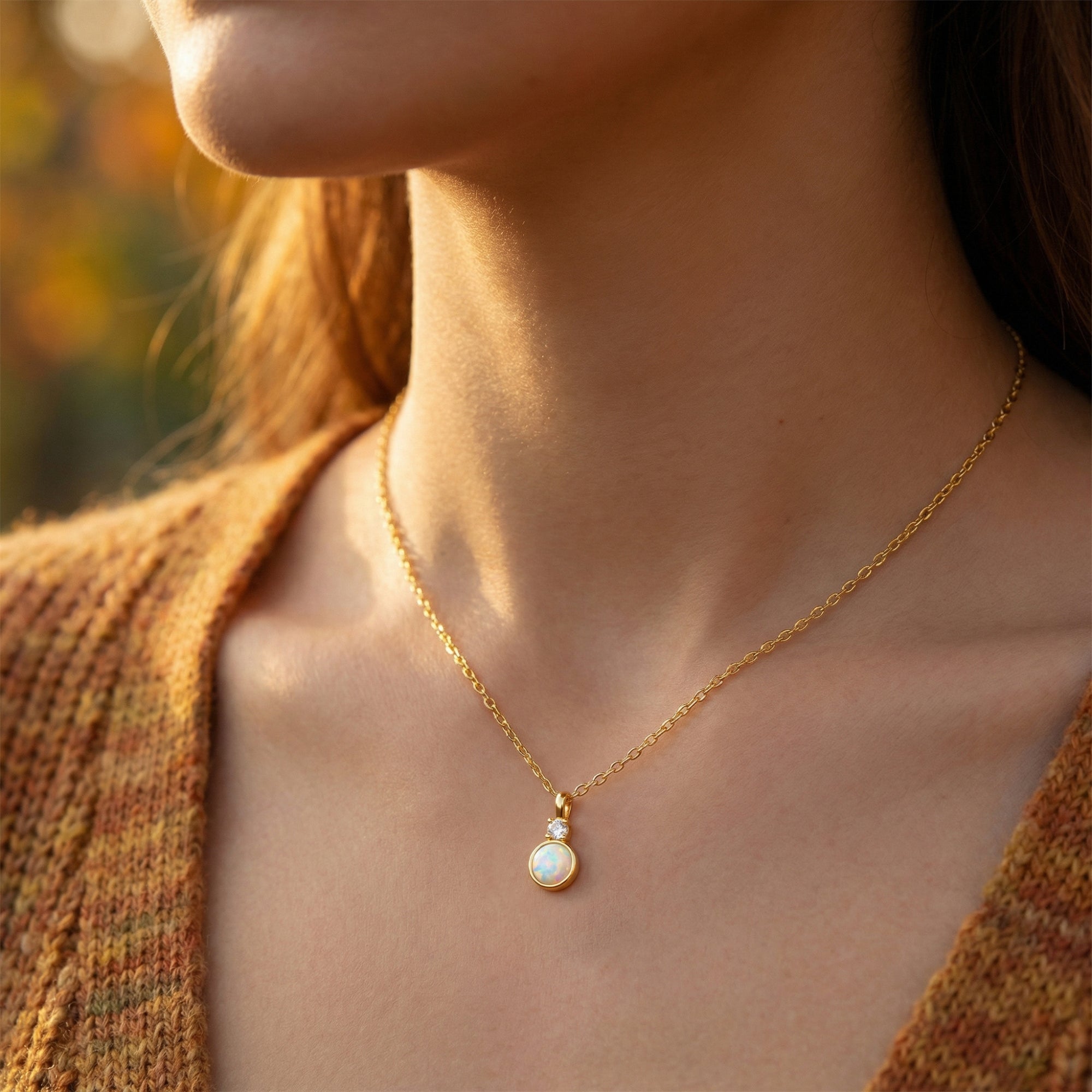 Angled view of a model wearing the yellow gold Lariel pendant necklace with a round white opal stone.