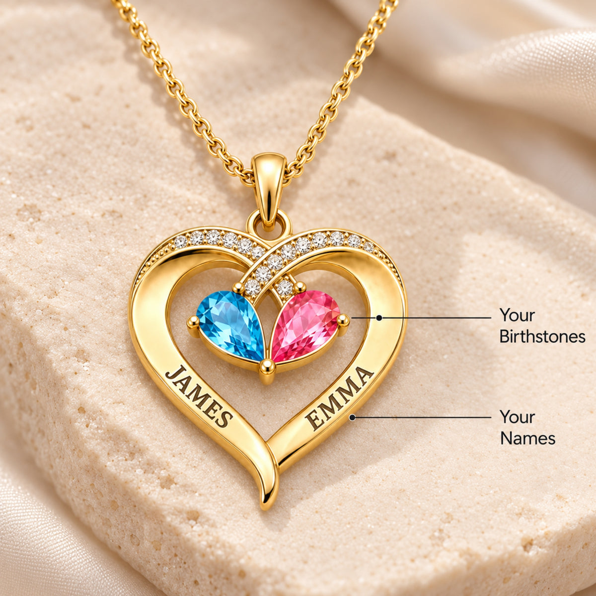 El collar de corazón con dos piedras de nacimiento