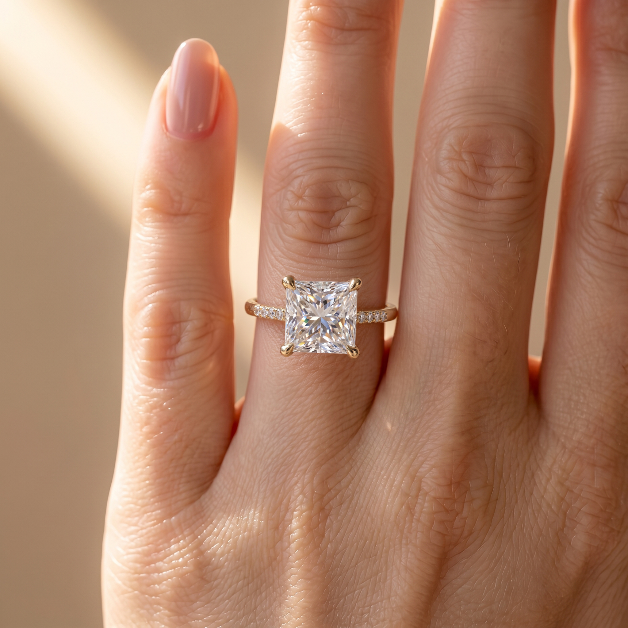A close-up view of a princess-cut moissanite engagement ring in yellow gold worn on a finger.
