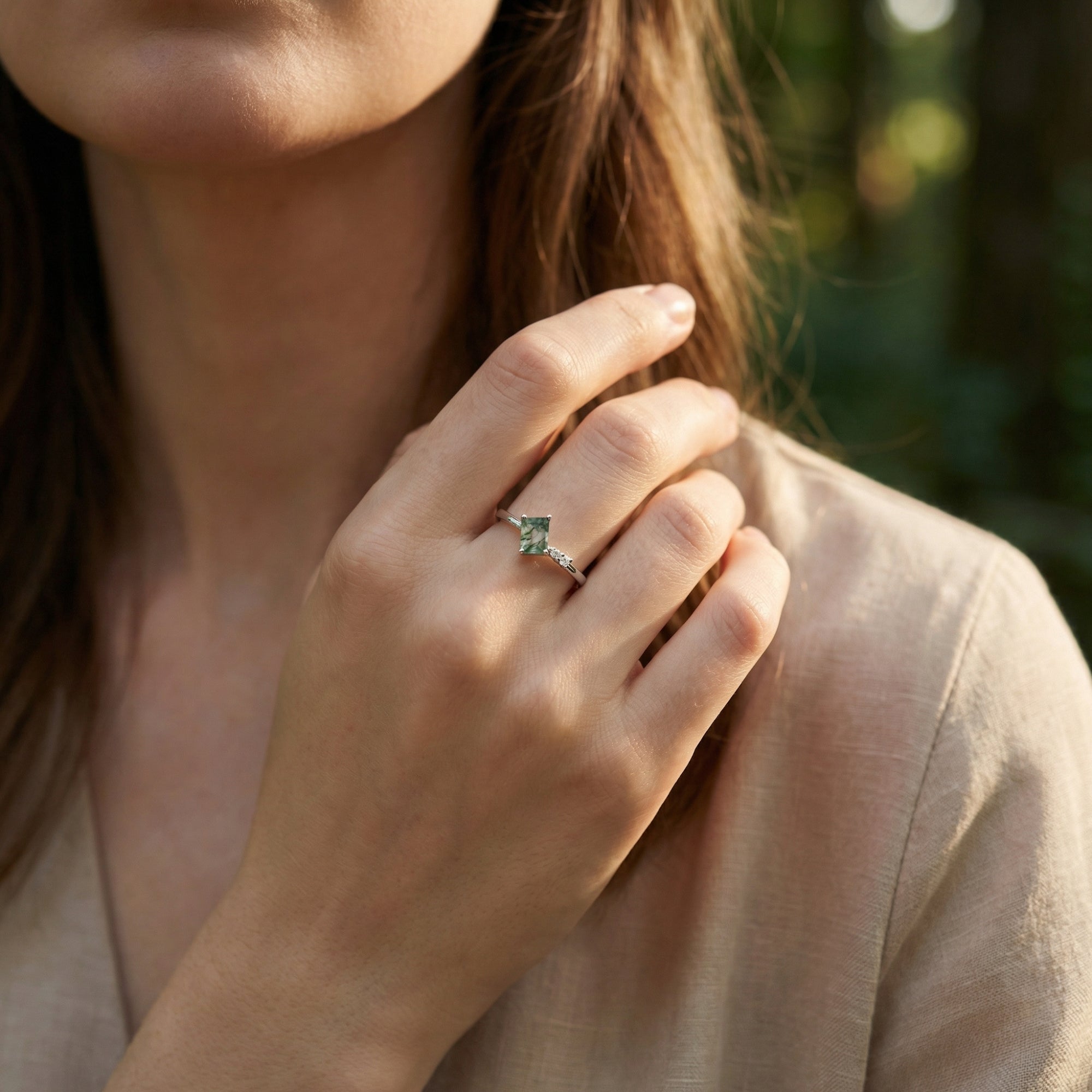 Trio Accent Ring aus natürlichem Moosachat – S925 Sterling Silber