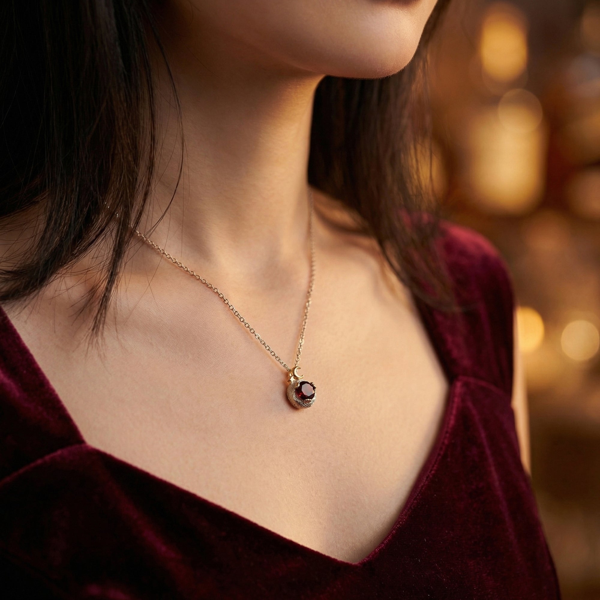 Close-up of a model wearing the round red garnet pendant necklace in sterling silver with a red velvet dress.