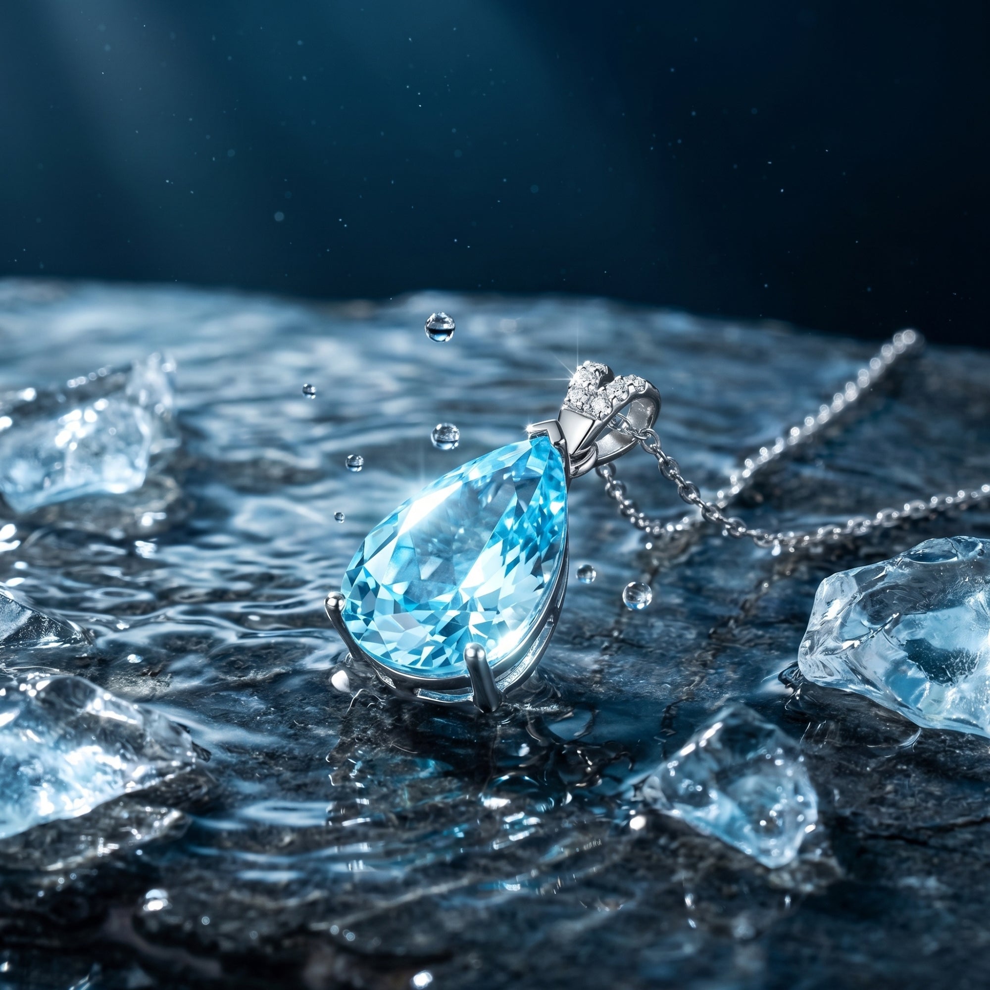Close-up of a pear cut aquamarine pendant in Pt950 platinum on a wet stone surface with water droplets.
