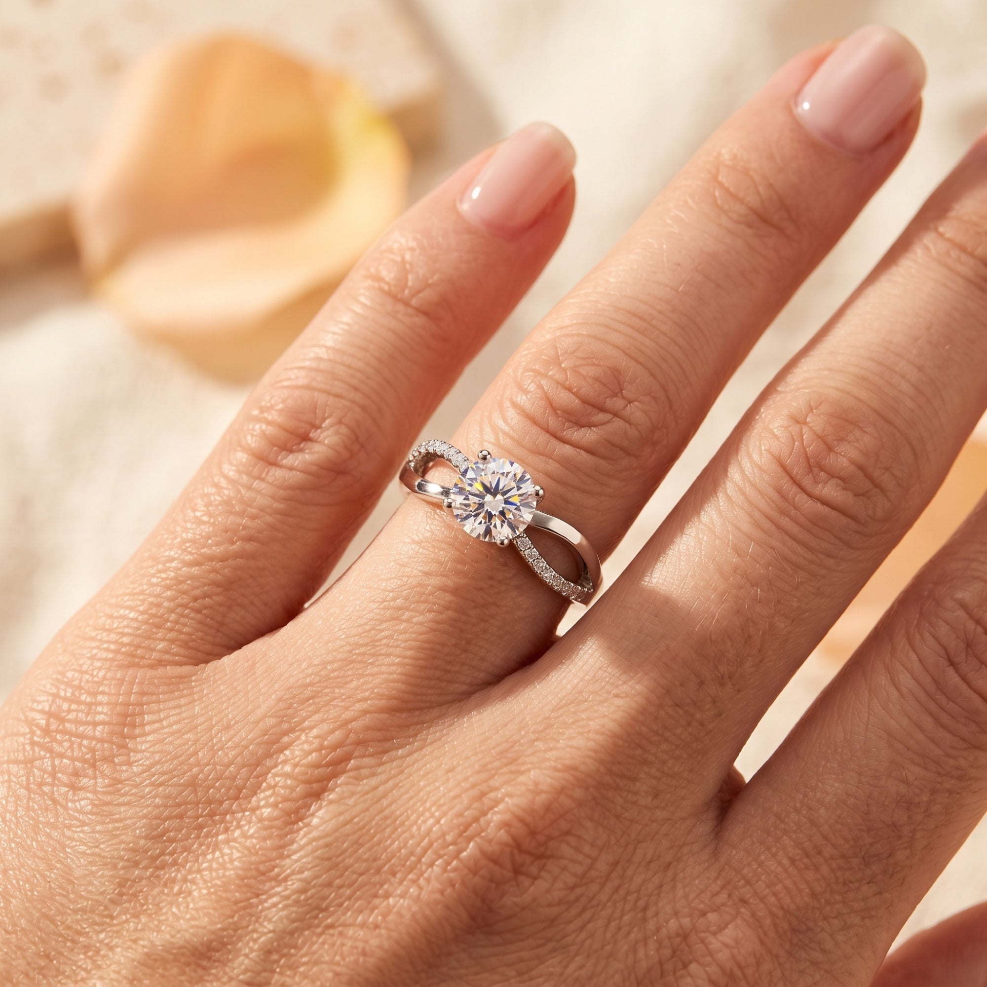 Round cubic zirconia solitaire ring in sterling silver worn on a finger.