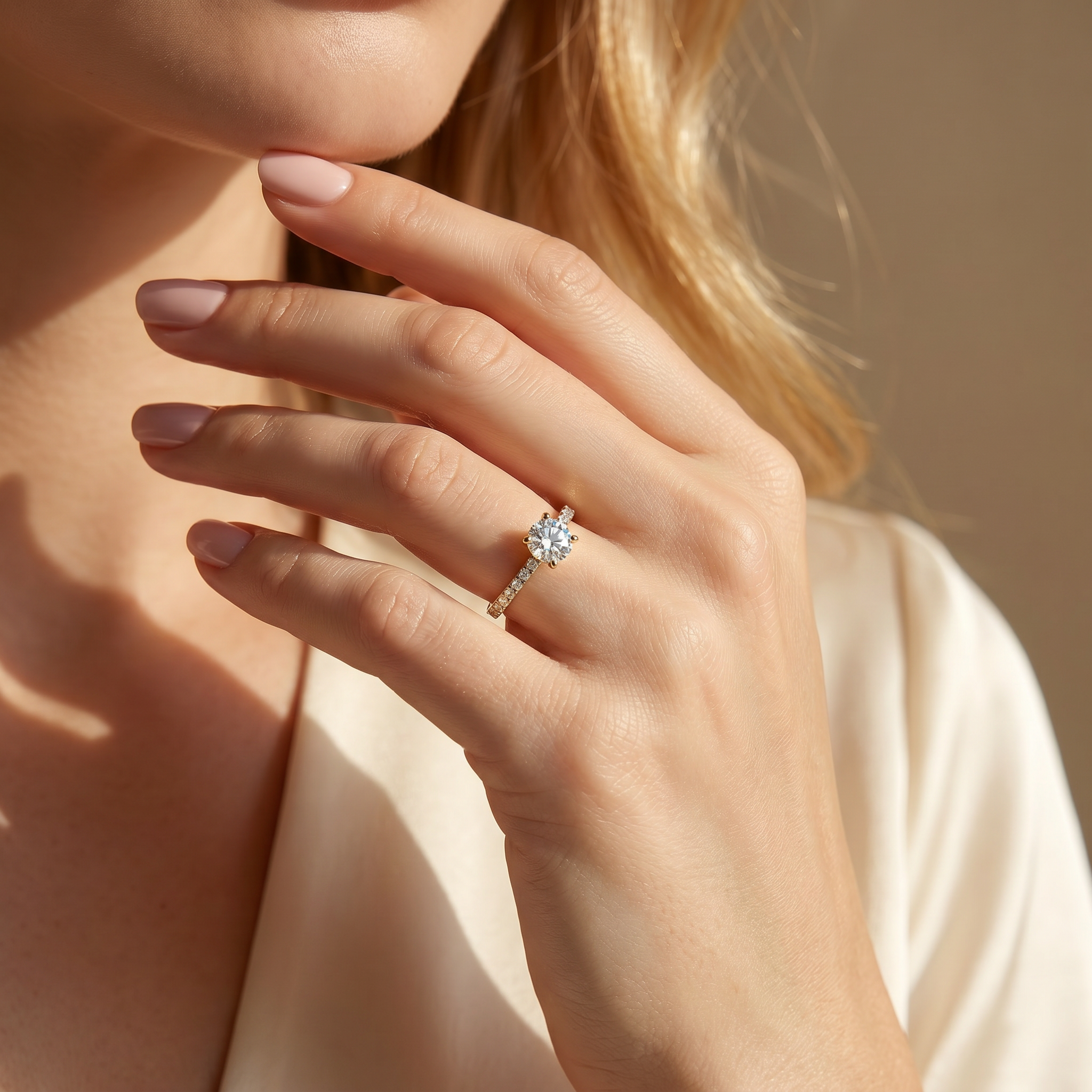 A woman wearing a stunning yellow gold round cut moissanite engagement ring on her finger.