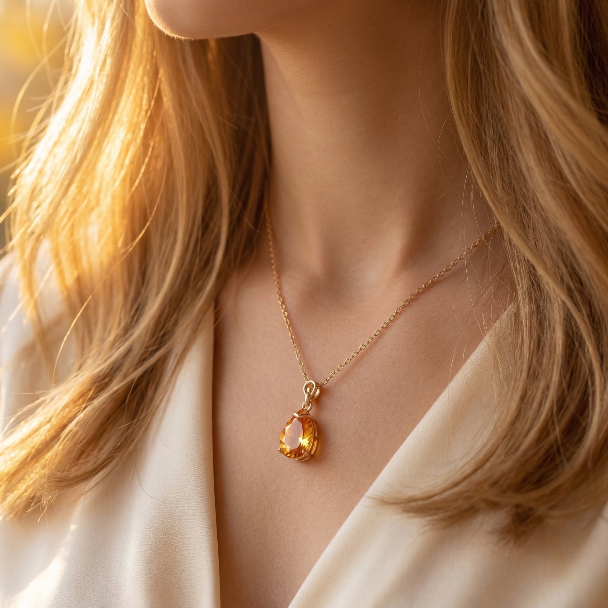 Woman wearing the Vianna pear-cut citrine necklace in 18K yellow gold against a warm, sunlit background.