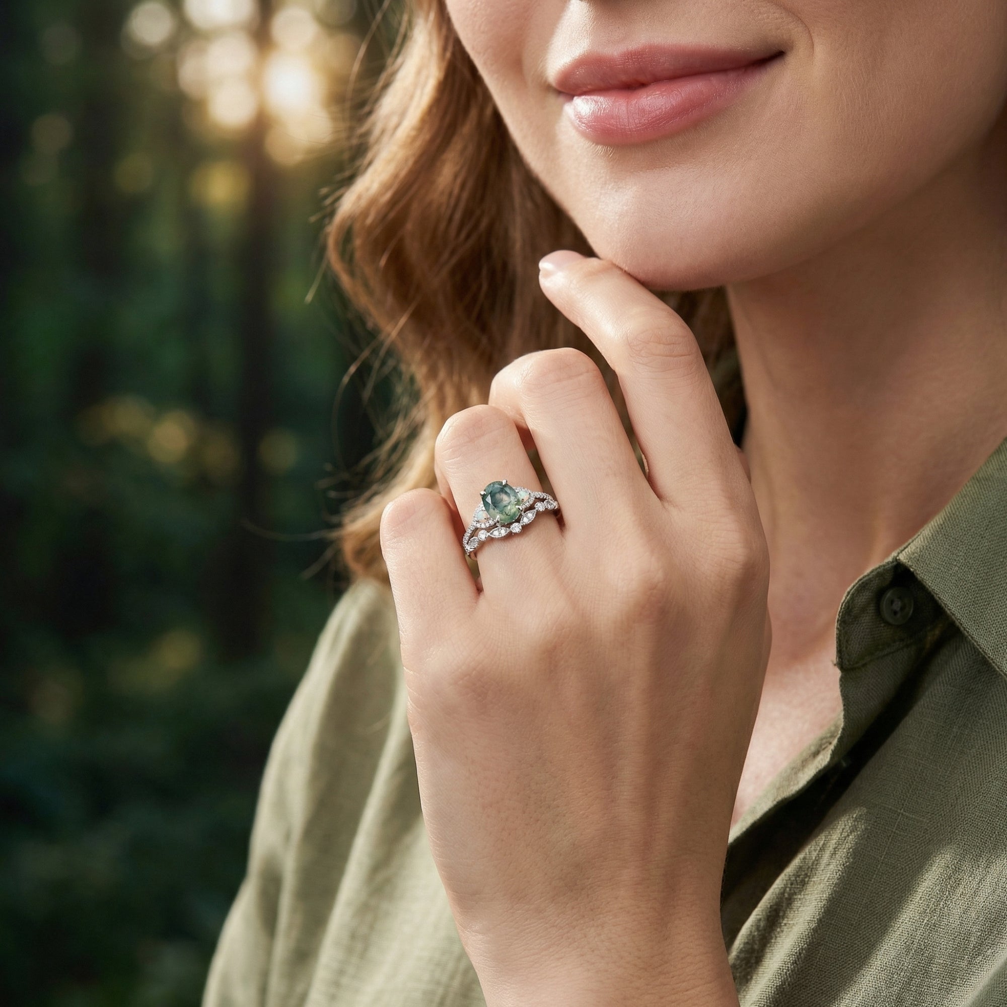 Woman wearing an oval cut moss agate and diamond curved band ring set in sterling silver.