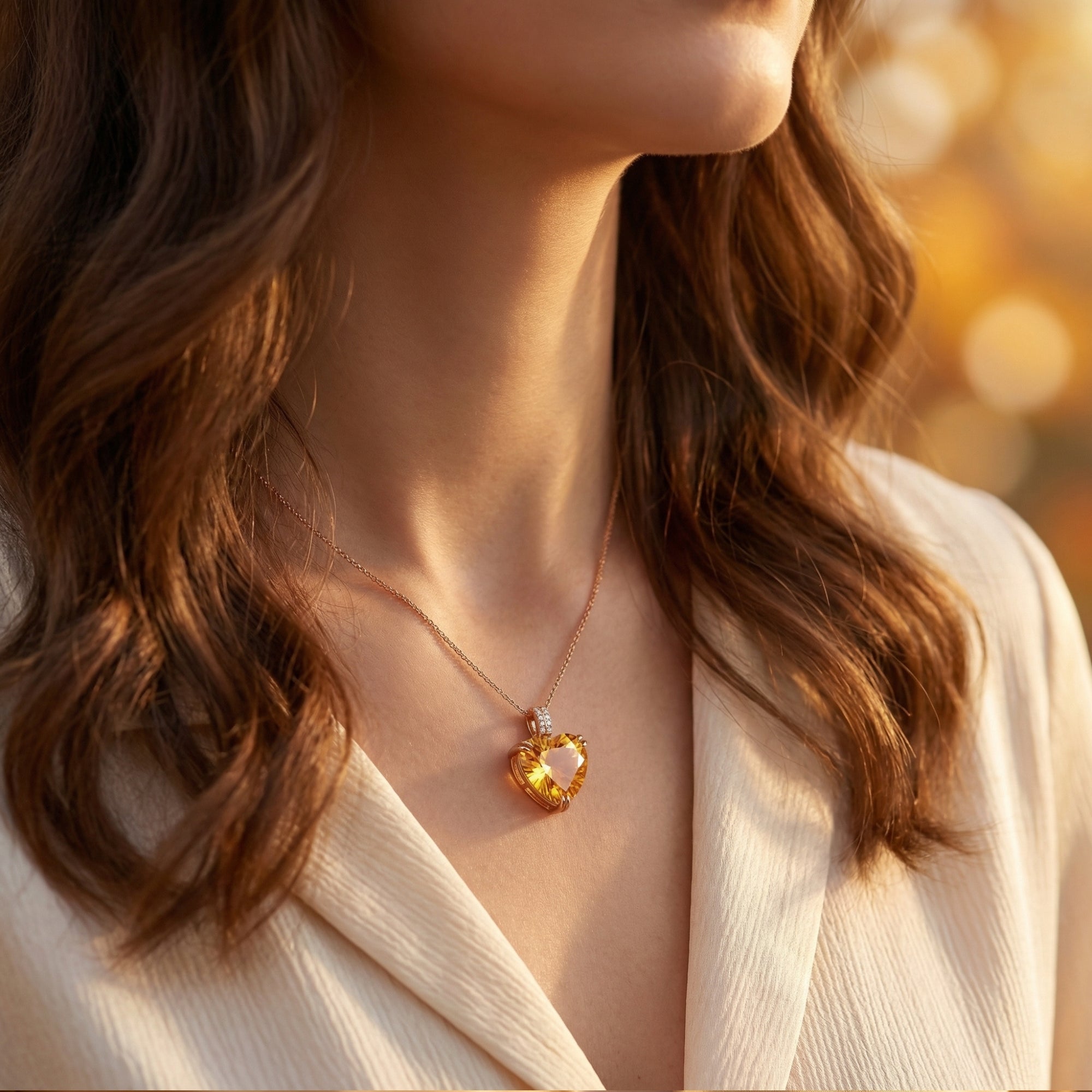 Woman wearing the Mirabella heart-cut citrine necklace in 18K rose gold against a warm, blurred background.