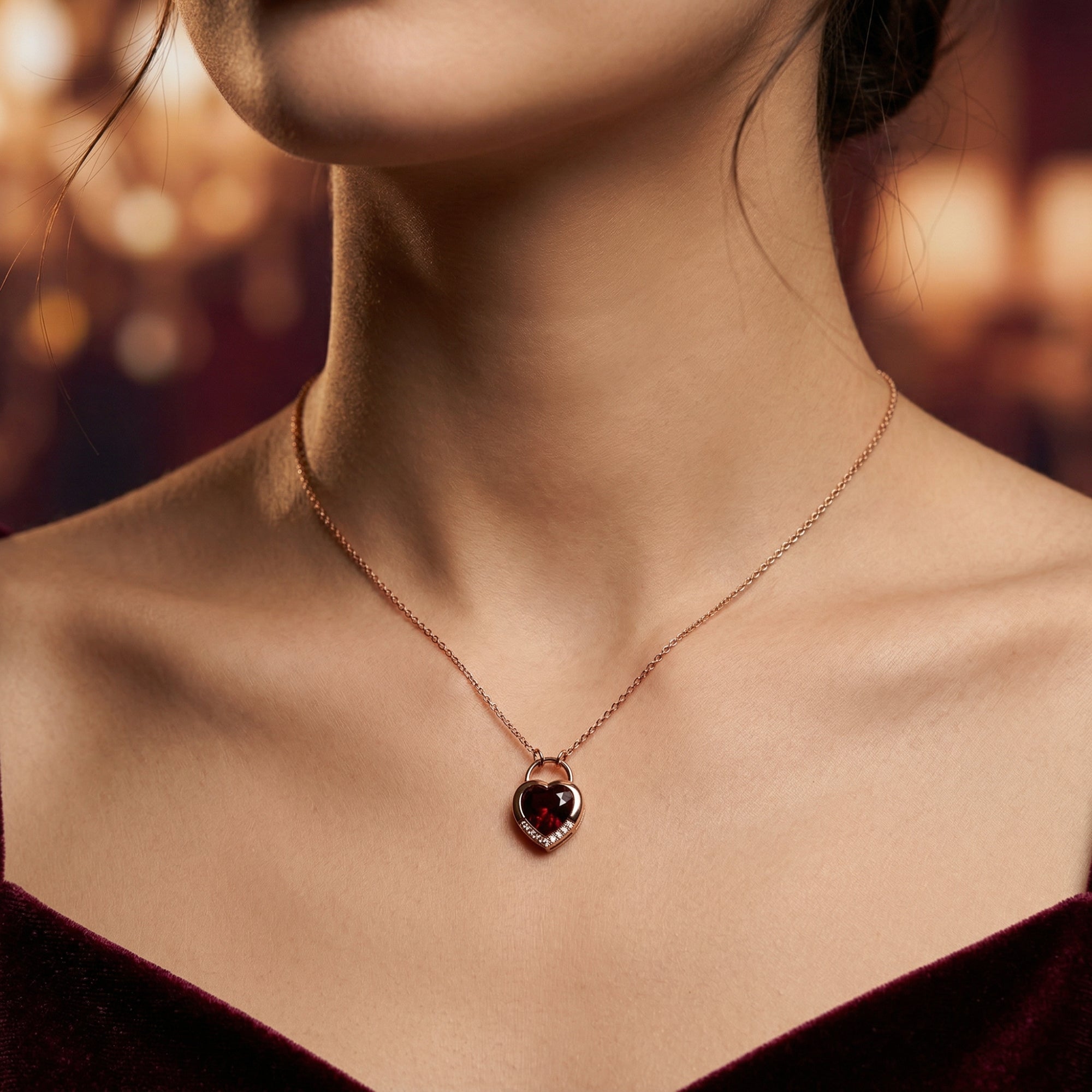 Model wearing the heart-shaped natural garnet necklace in 18K rose gold with a dark red velvet dress.