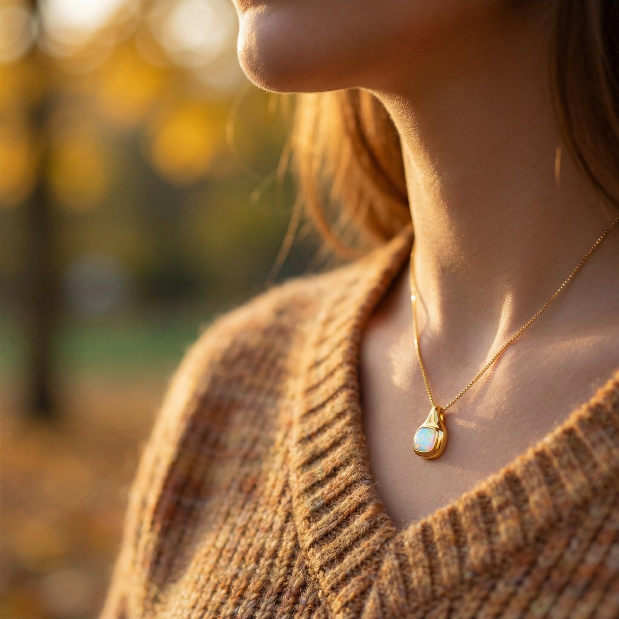 Gold vermeil cushion cut white opal necklace worn by a model in a blurred autumn park.