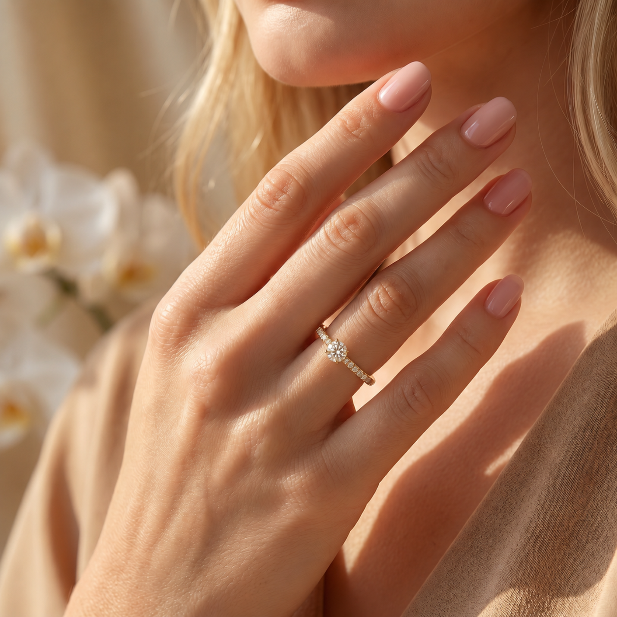 A delicate yellow gold round-cut moissanite engagement ring worn on a woman's hand with neutral nails.