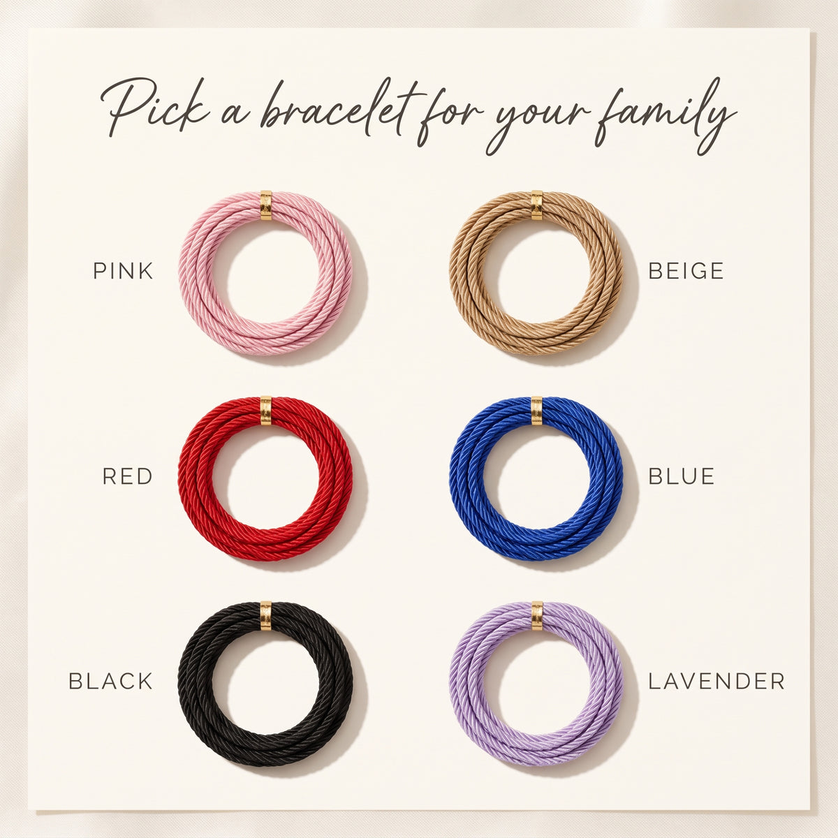 Love My Tribe bracelet cord-colour chart: pink, beige, red, blue, black and lavender
