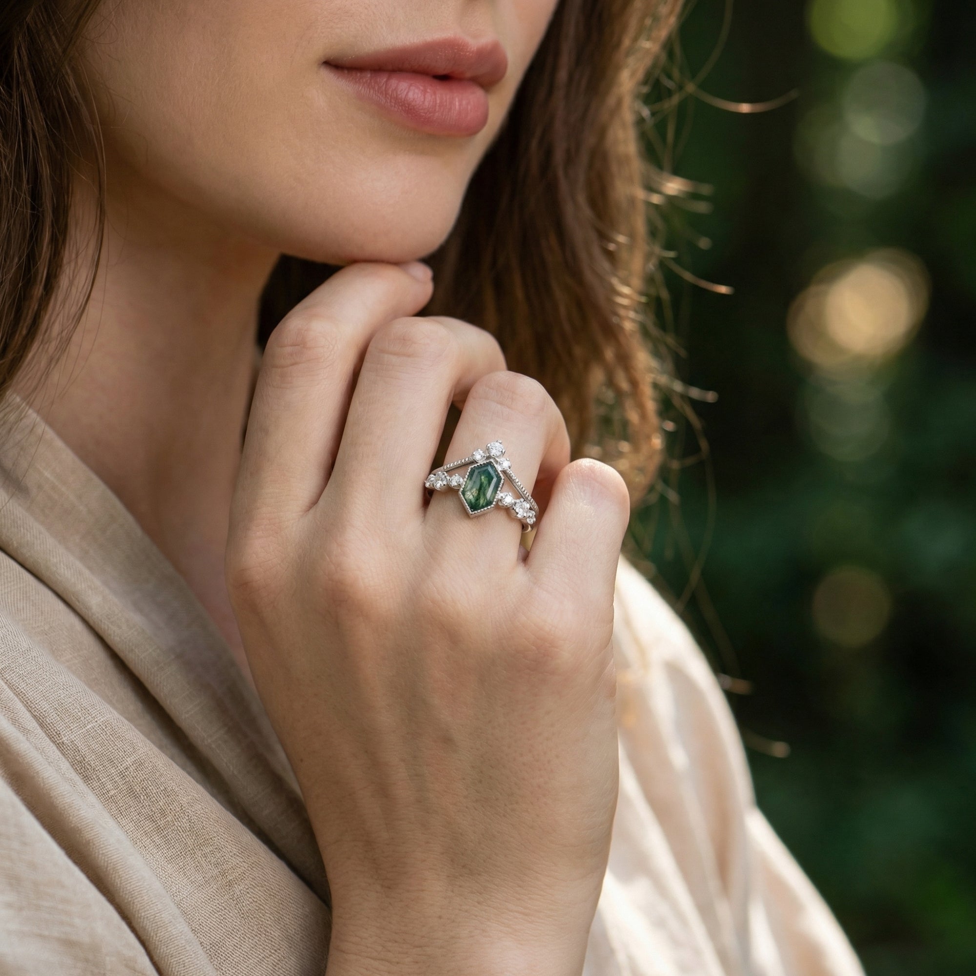 Serenity Kite Cut Moosachat & Diamant Ring Duo - S925 Sterling Silber