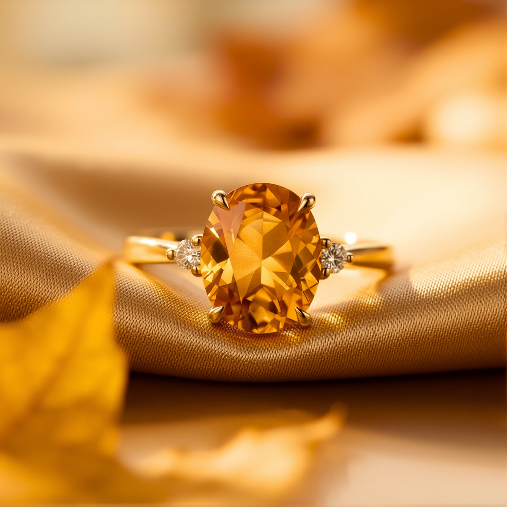 Detailed front view of the 18K yellow gold Solarienne ring with a faceted oval-cut natural citrine.