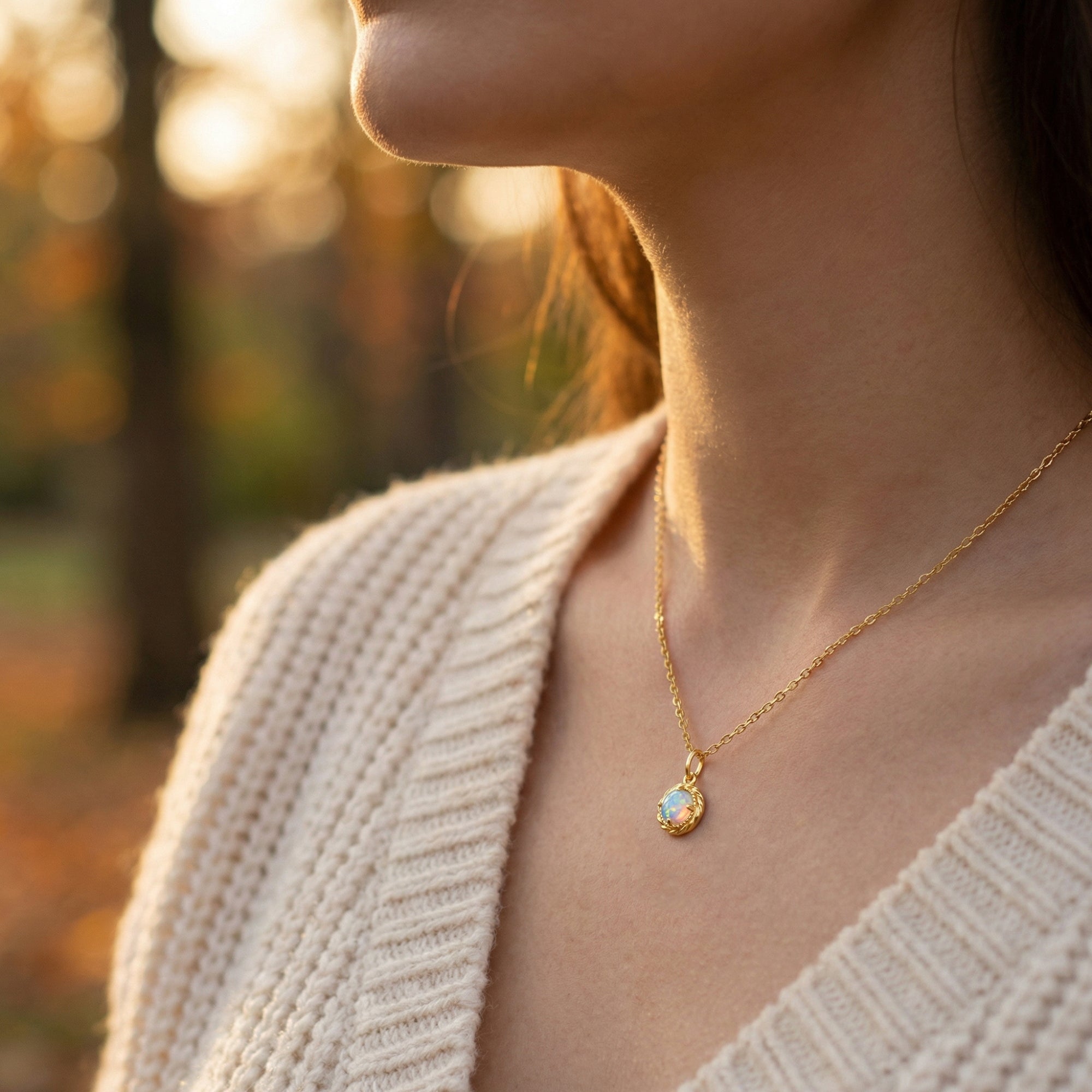 Side profile of a woman wearing the gold-tone round natural opal necklace in a lifestyle setting.
