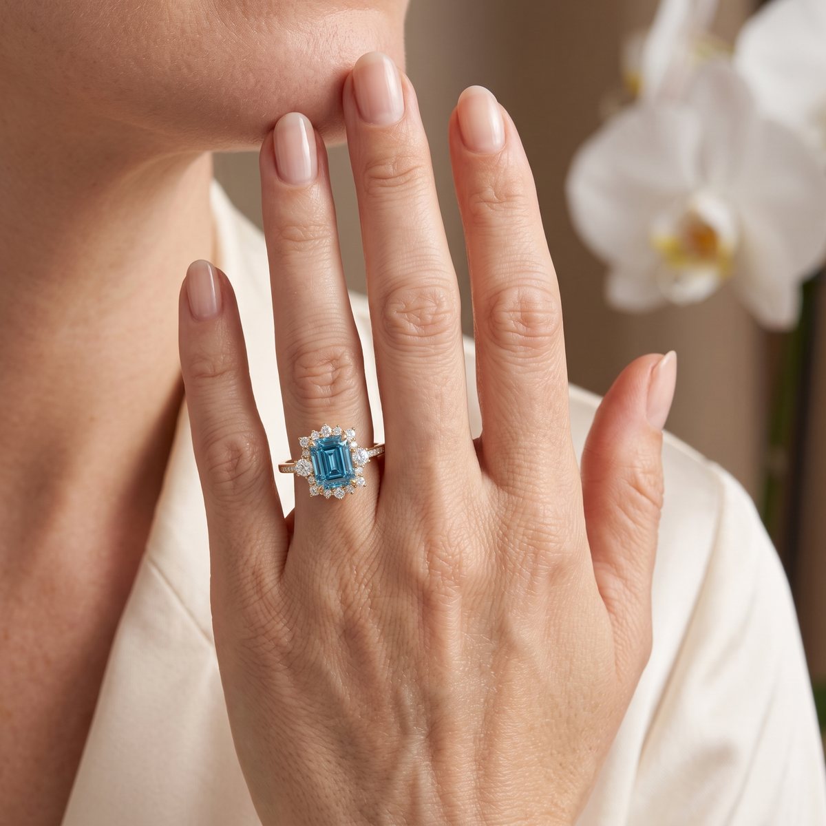 Model wearing a yellow gold emerald-cut blue moissanite halo ring on her hand.