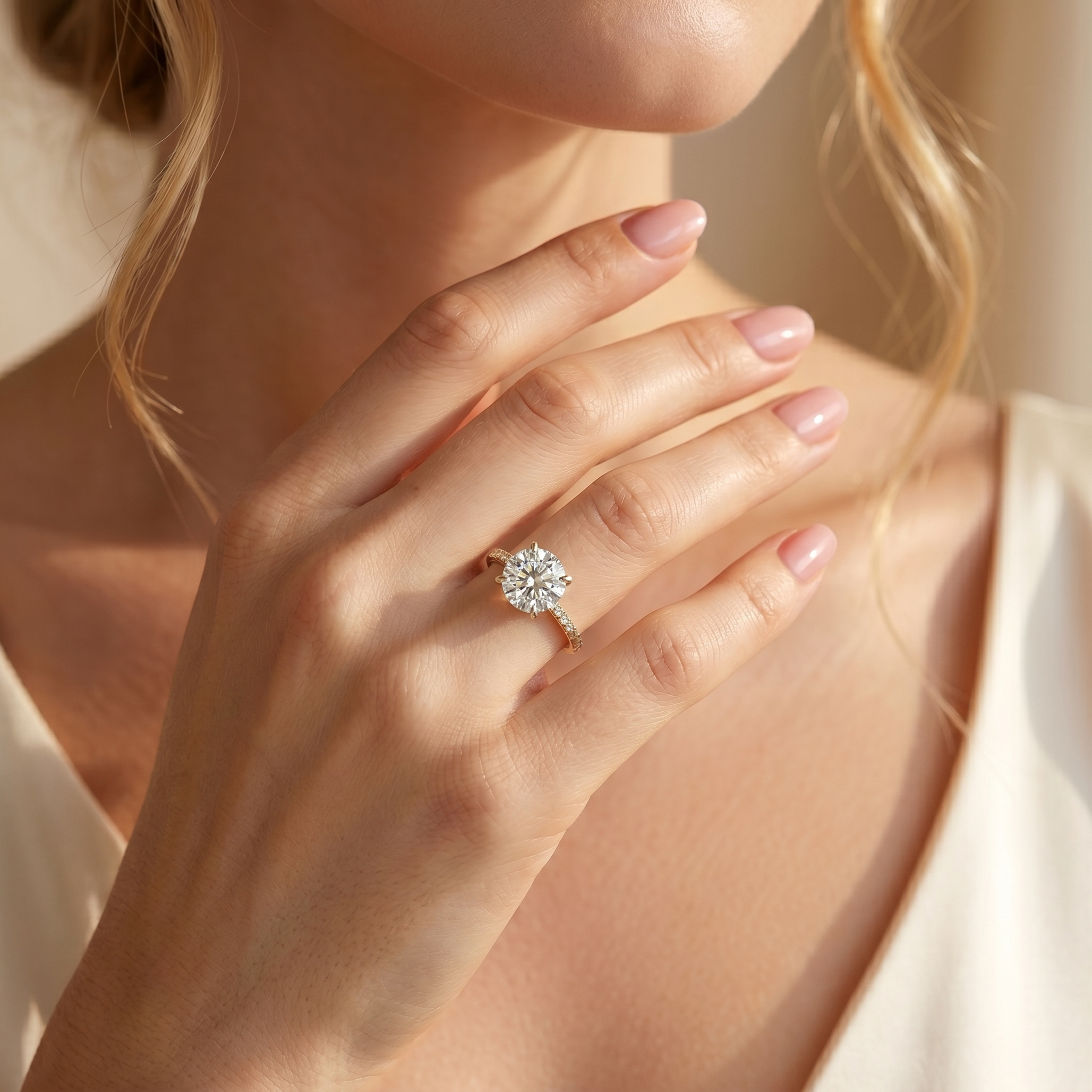 A close-up of a model wearing a round-cut moissanite engagement ring with a yellow gold band.