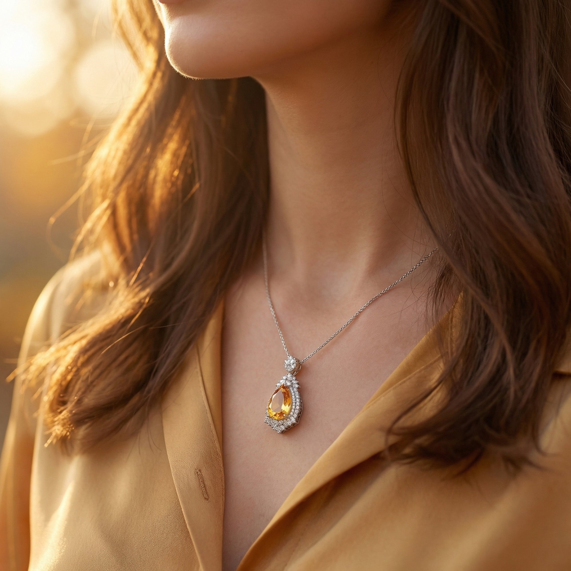 A woman wearing the pear-cut natural citrine pendant necklace in white gold with a diamond halo.
