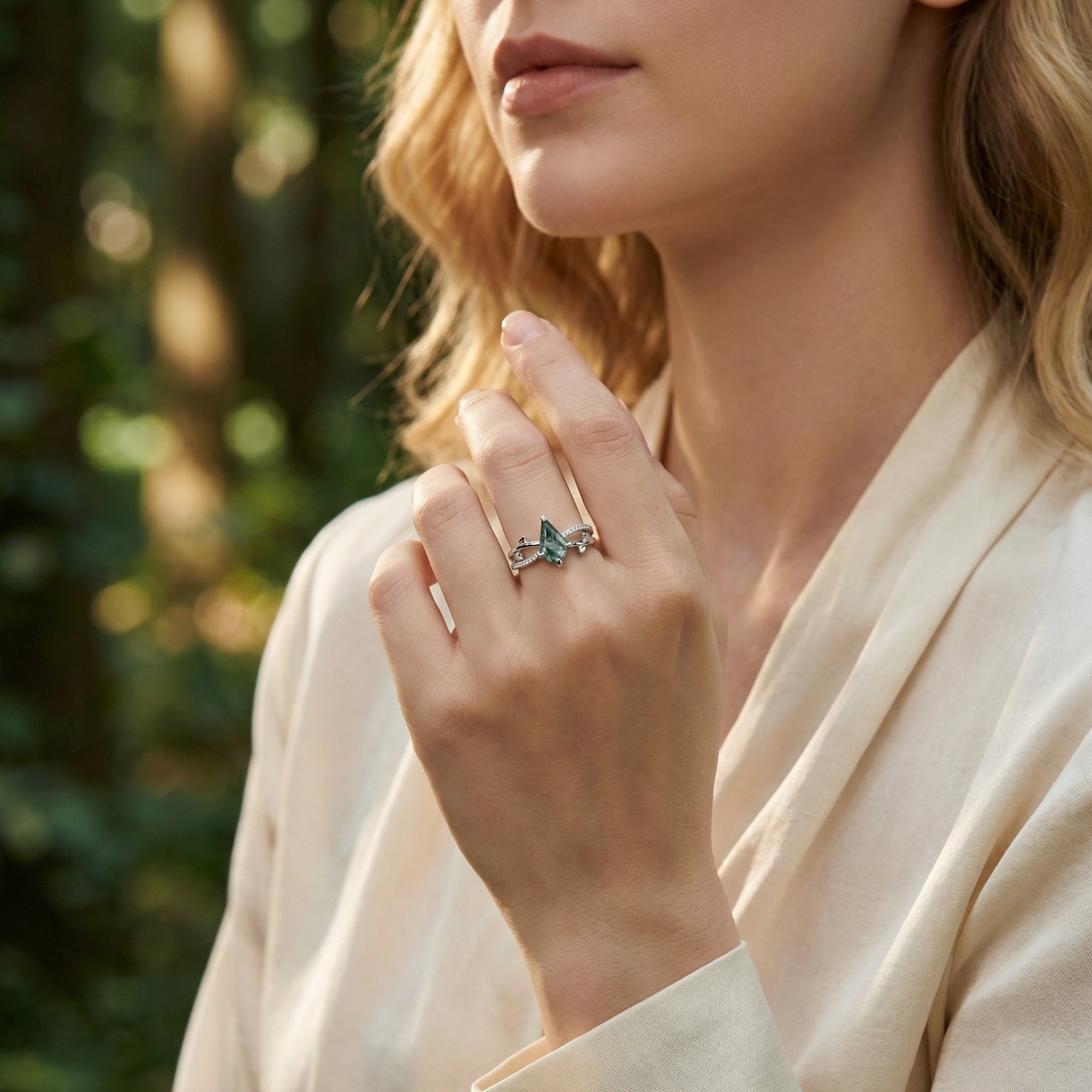 Natürlicher Moosachat-Diamant-Umarmungsring im Drachenschliff – S925 Sterling Silber