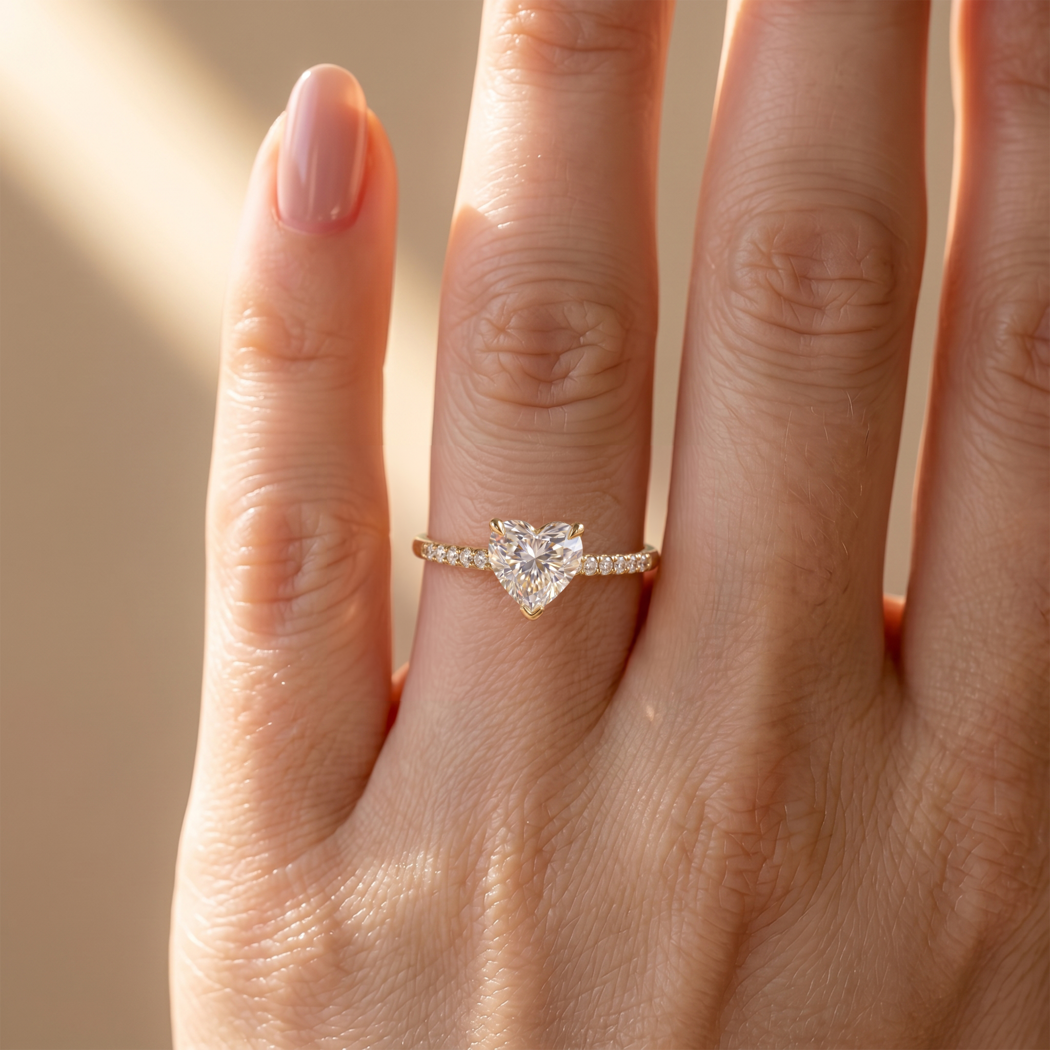 A close-up of a gold heart-shaped moissanite ring worn on a model's finger.