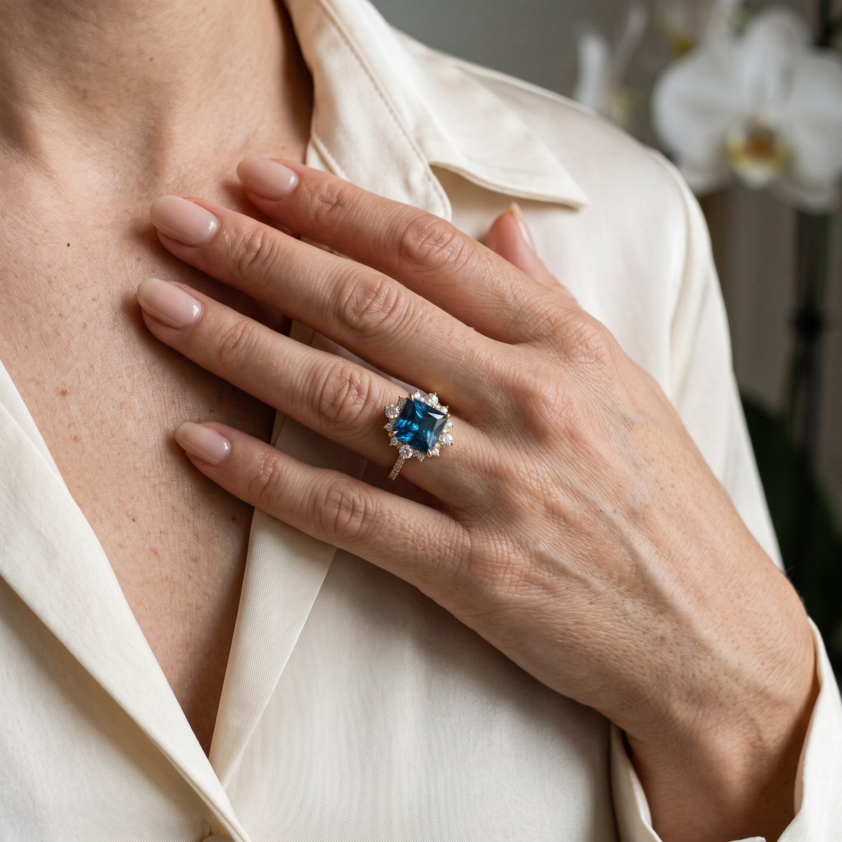 Model wearing the princess-cut blue moissanite halo engagement ring in rose gold against a silk blouse.