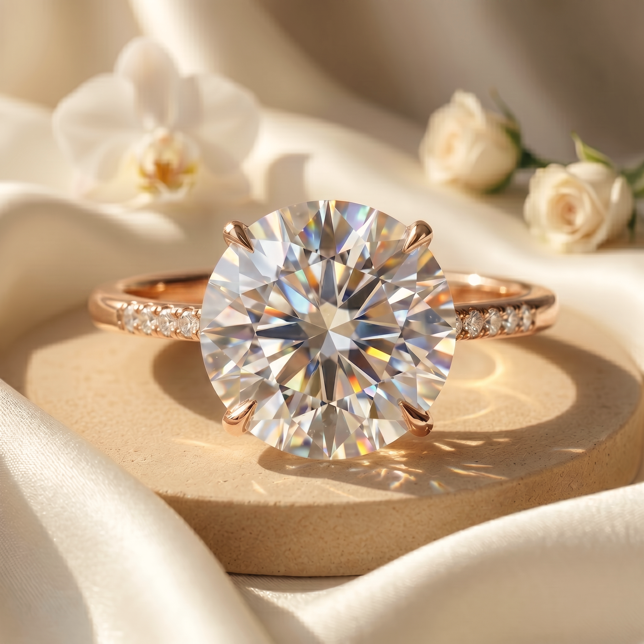 A front-facing view of a brilliant round-cut moissanite engagement ring on a rose gold pave band.