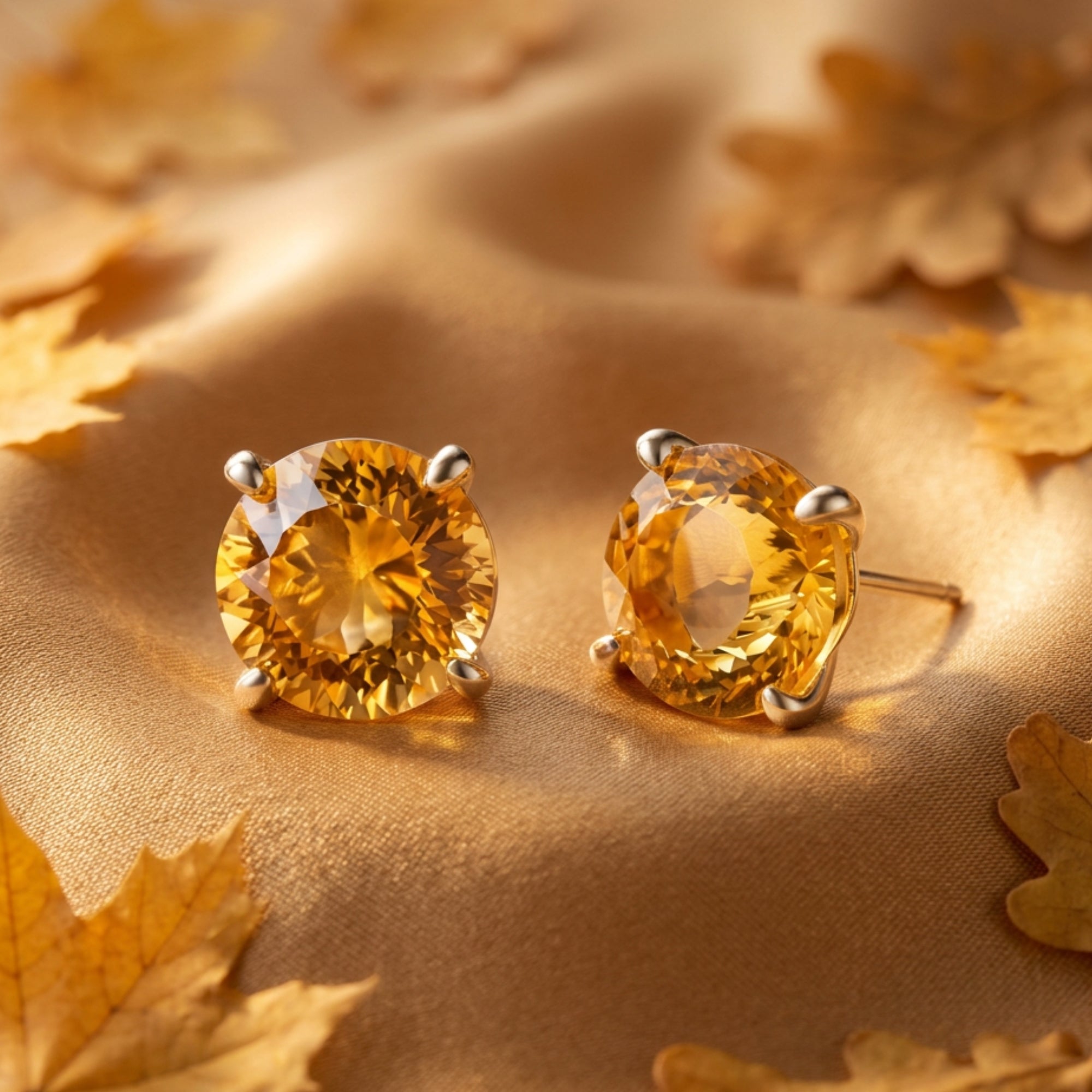 Pair of round cut citrine earrings in silver displayed on gold silk with scattered autumn leaves.